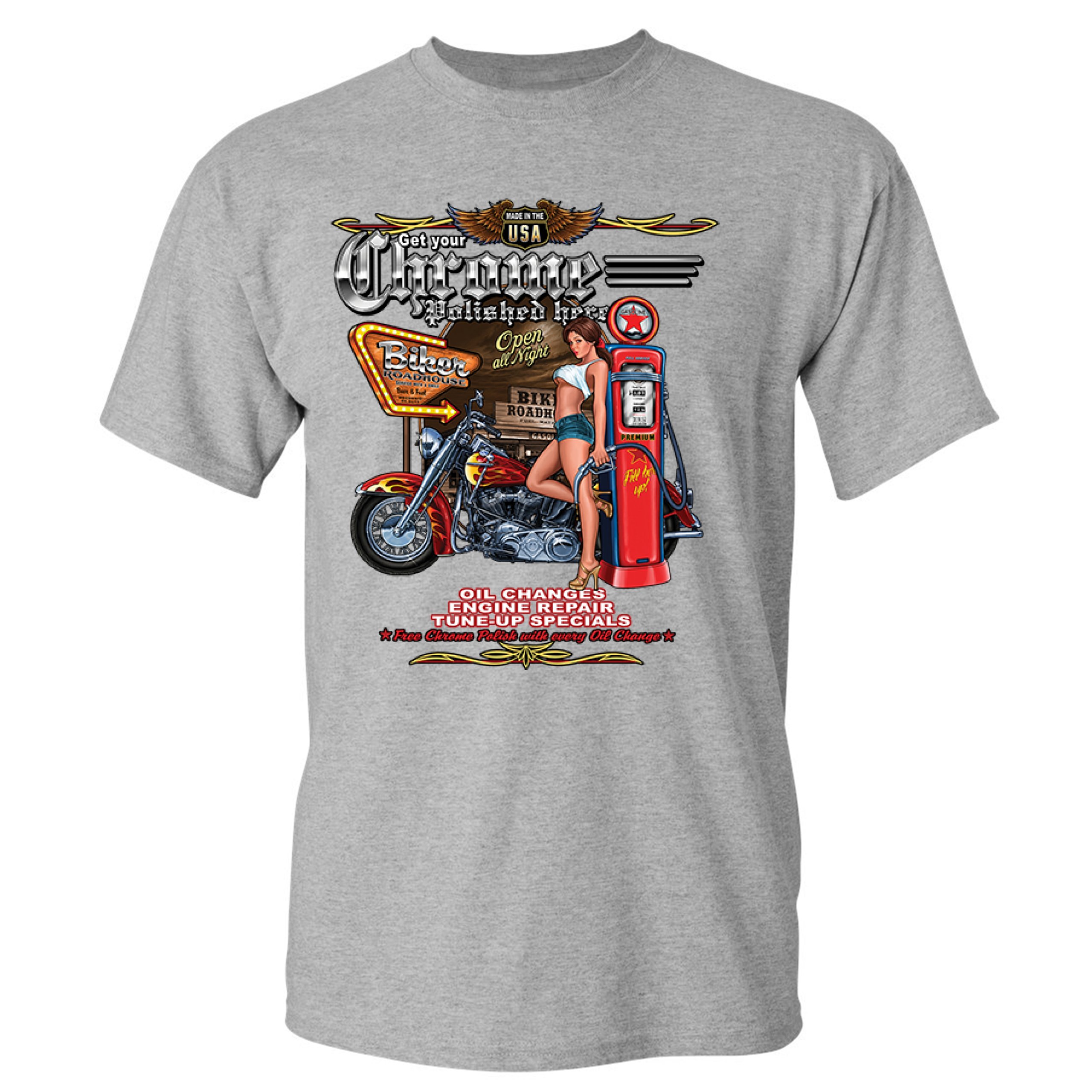Get Your Chrome Polished Here T-shirt Pin Up Girl Biker Chopper Men's ...