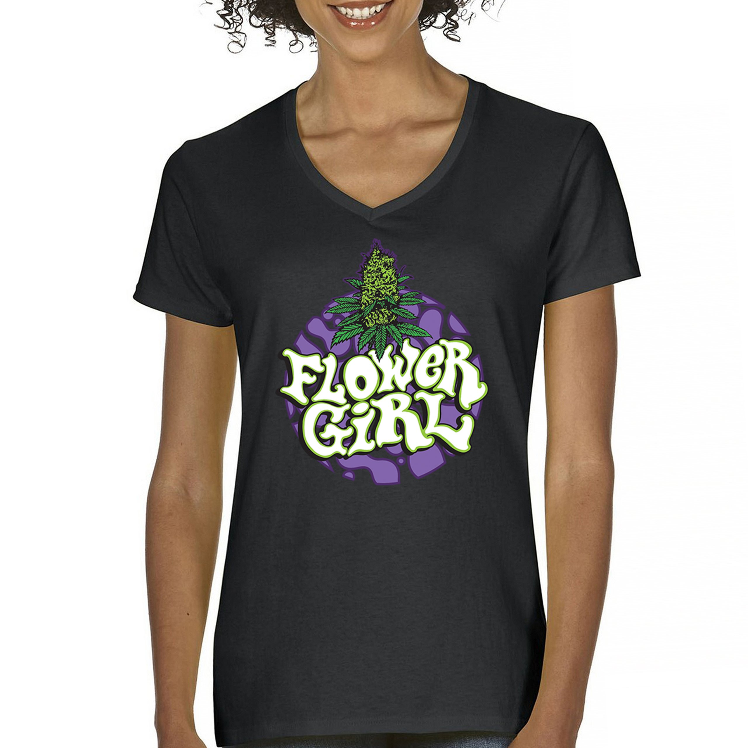 Flower Girl Weed Women’s V-Neck T-shirt Stoner Vibe 420 Cannabis Marijuana Tee