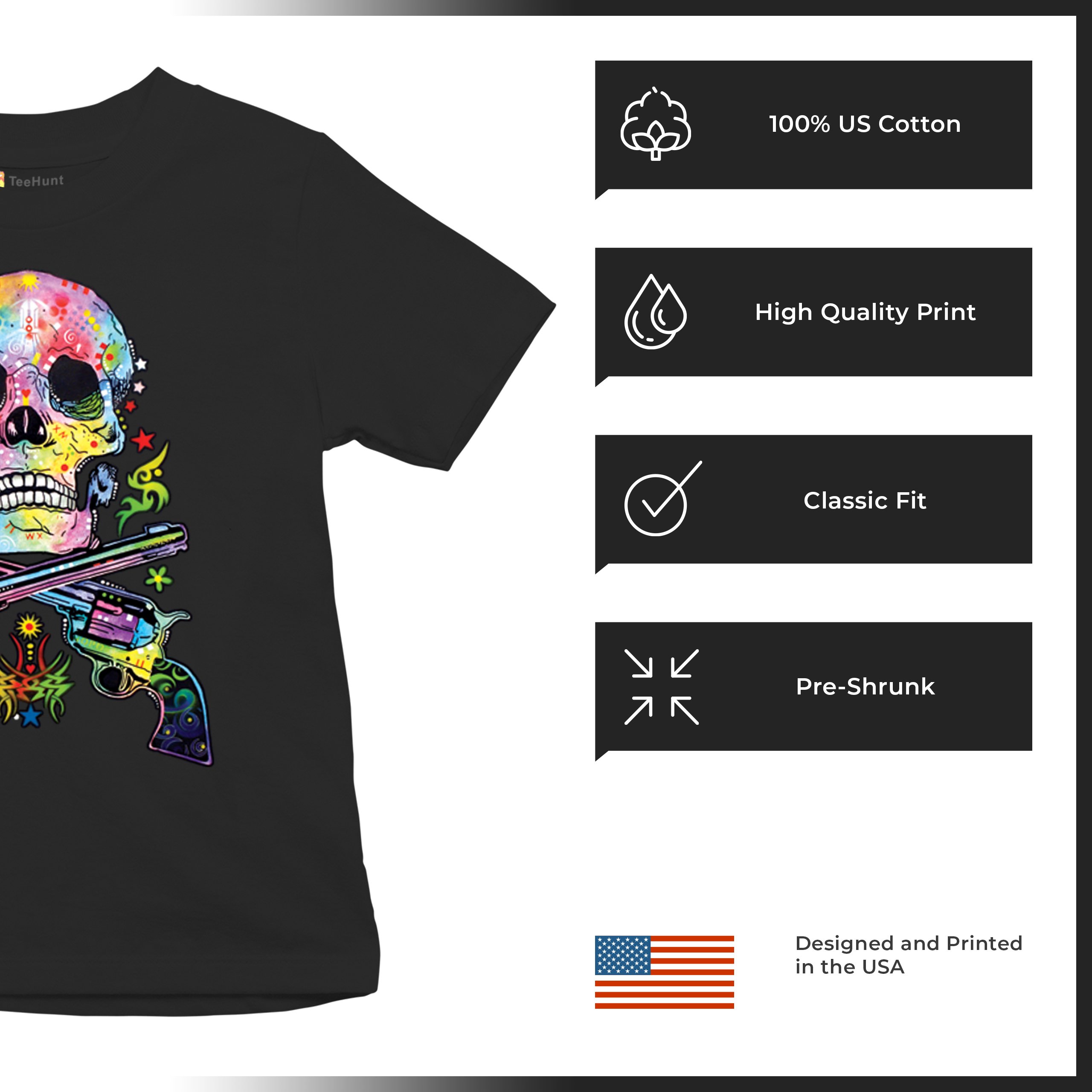 Dean Russo Art Skull and Guns Youth T-shirt Colorful 2nd Amendment Kids - Picture 7 of 50