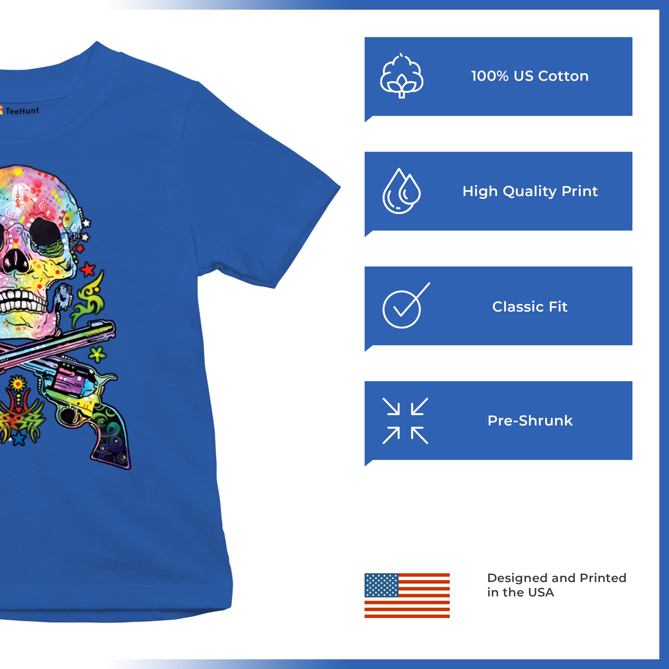 Dean Russo Art Skull and Guns Youth T-shirt Colorful 2nd Amendment Kids - Picture 42 of 50