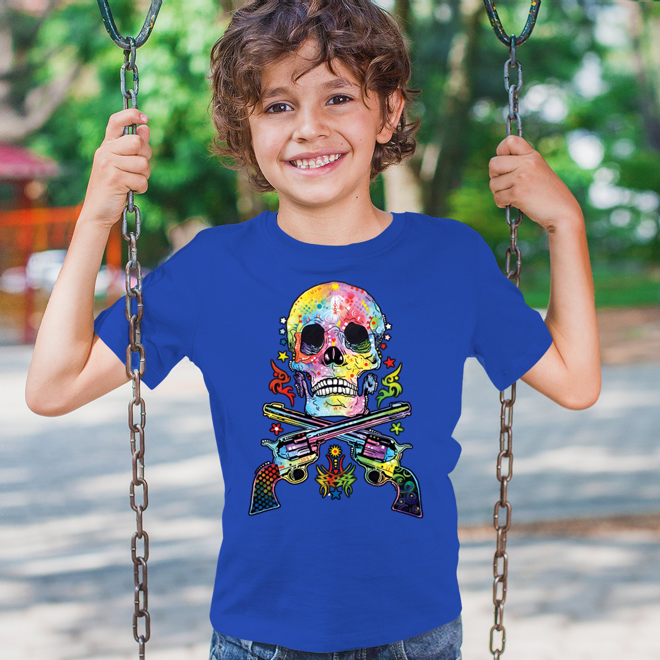 Dean Russo Art Skull and Guns Youth T-shirt Colorful 2nd Amendment Kids - Picture 40 of 50