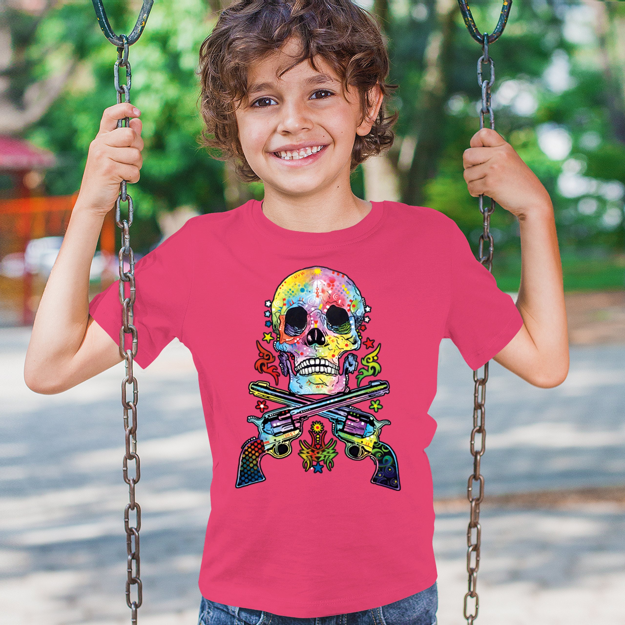 Dean Russo Art Skull and Guns Youth T-shirt Colorful 2nd Amendment Kids - Picture 47 of 50