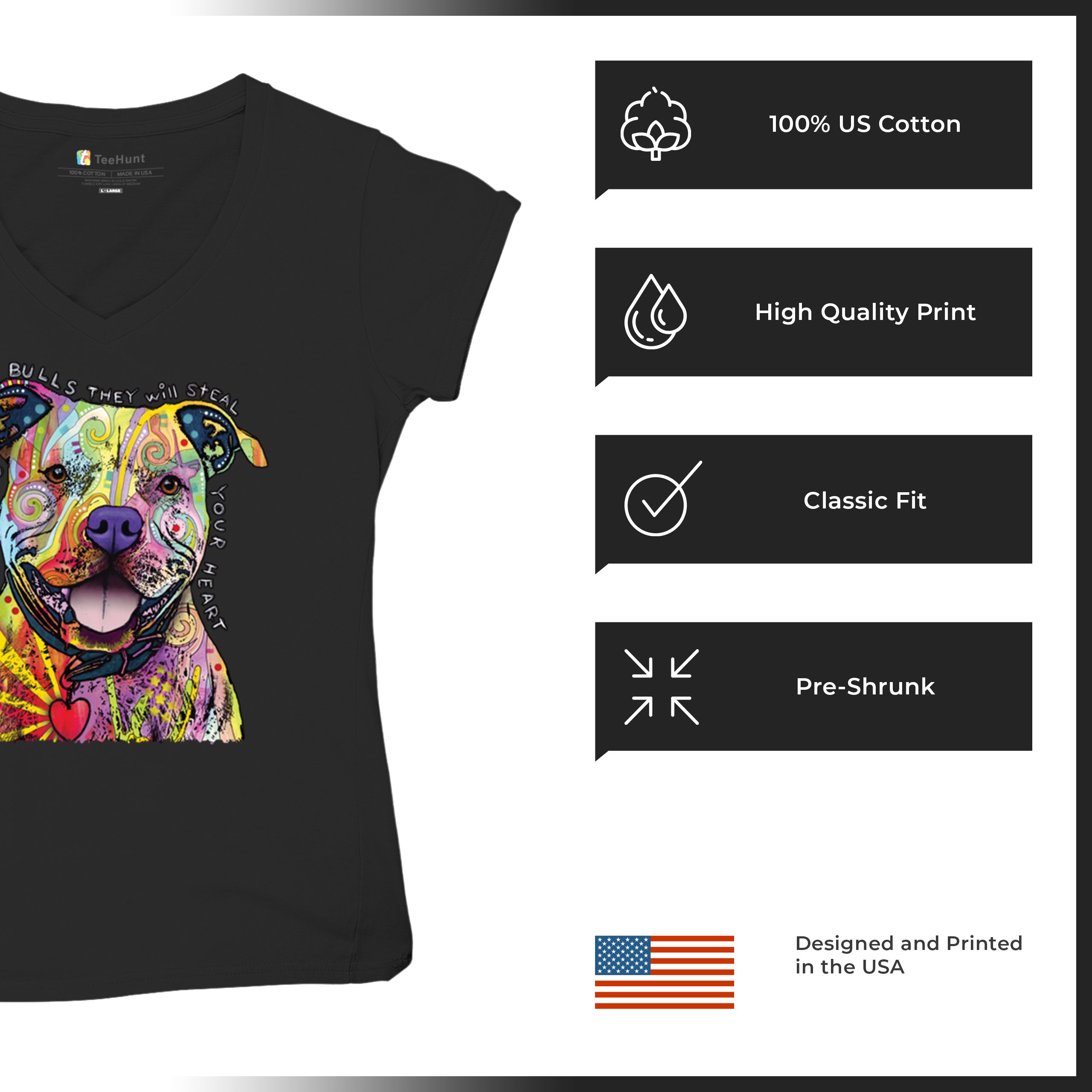 Beware of Pit Bull Women's V-Neck T-shirt Dean Russo Colorful Cute Dog Tee