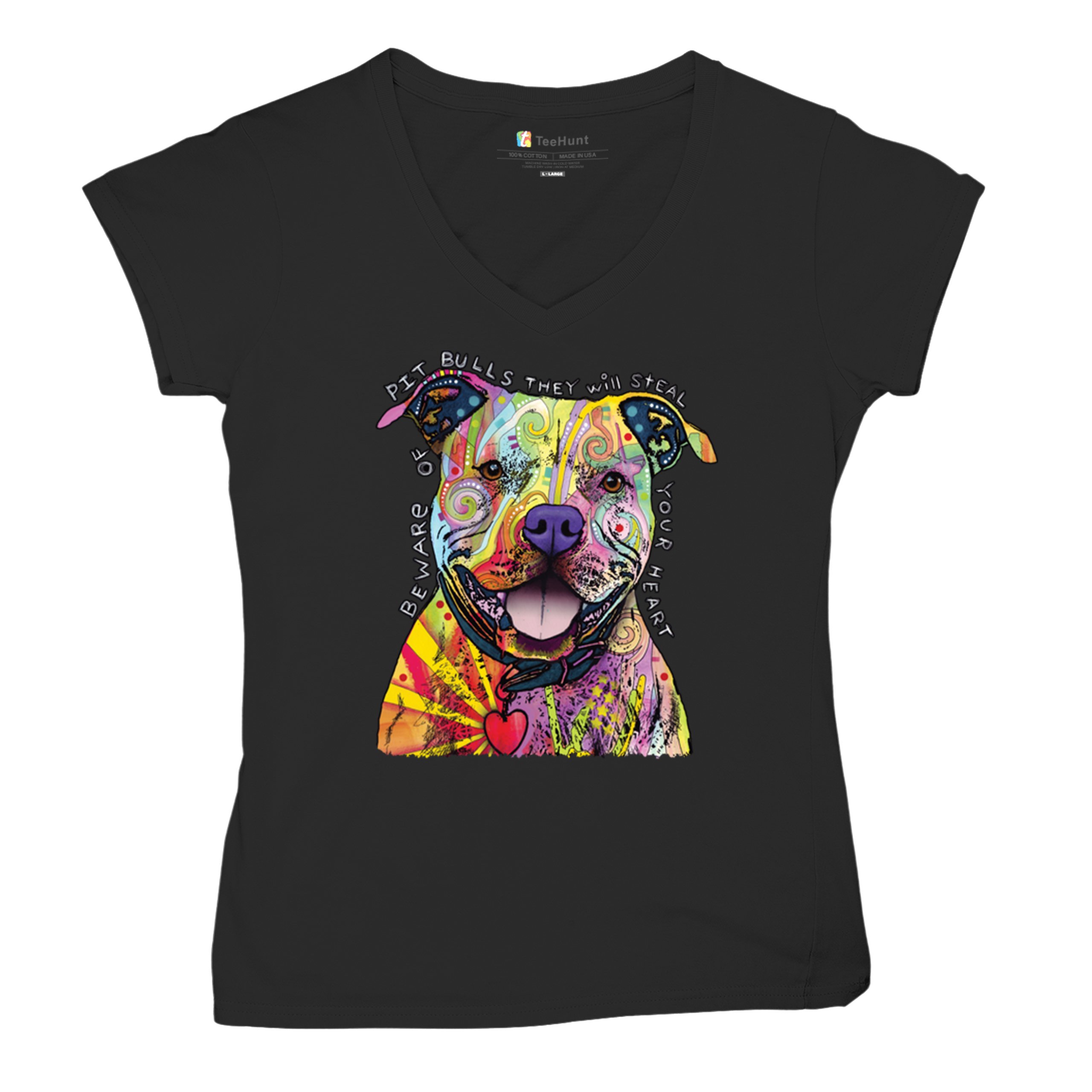 Beware of Pit Bull Women's V-Neck T-shirt Dean Russo Colorful Cute Dog Tee