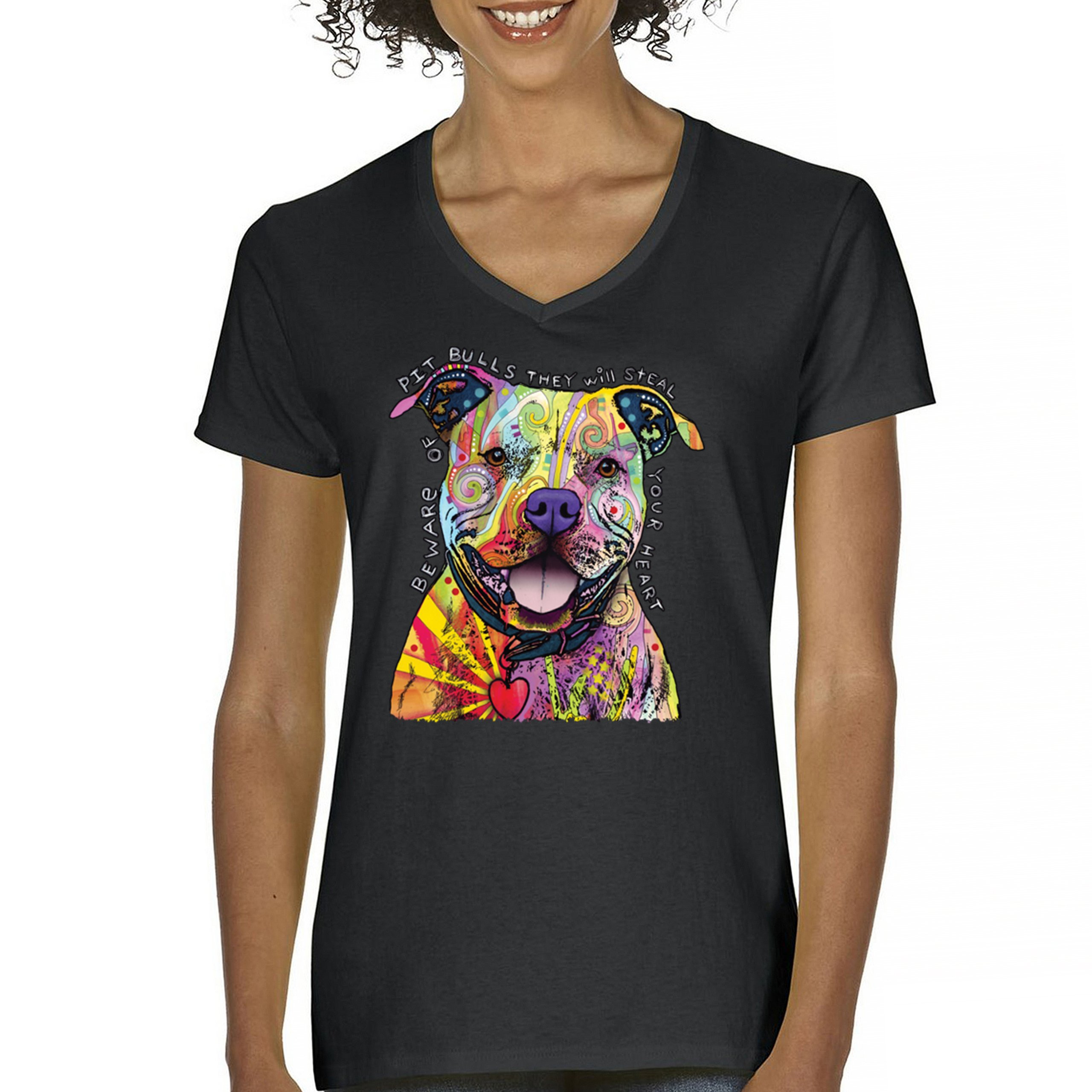 Beware of Pit Bull Women's V-Neck T-shirt Dean Russo Colorful Cute Dog Tee