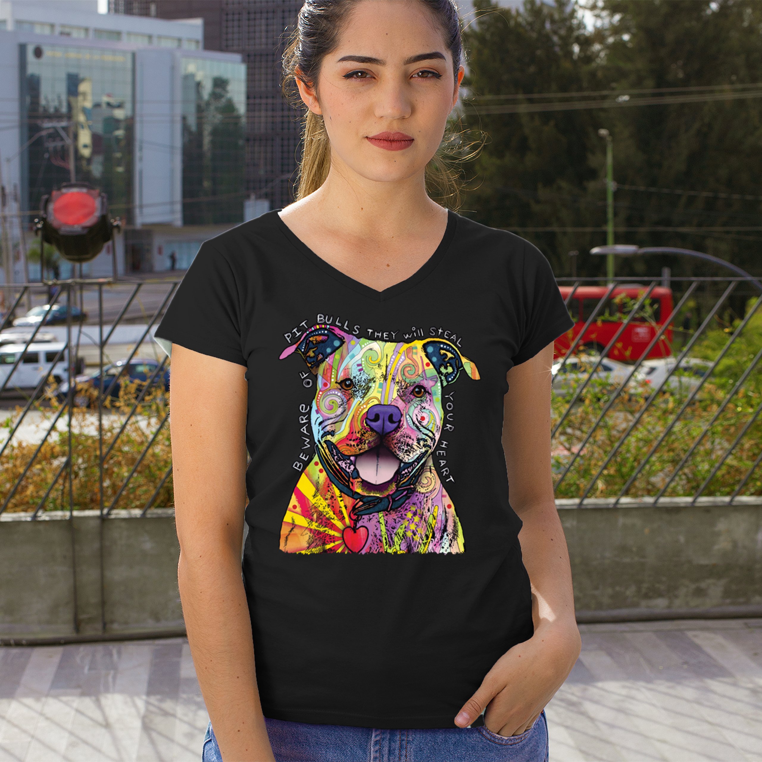 Beware of Pit Bull Women's V-Neck T-shirt Dean Russo Colorful Cute Dog Tee