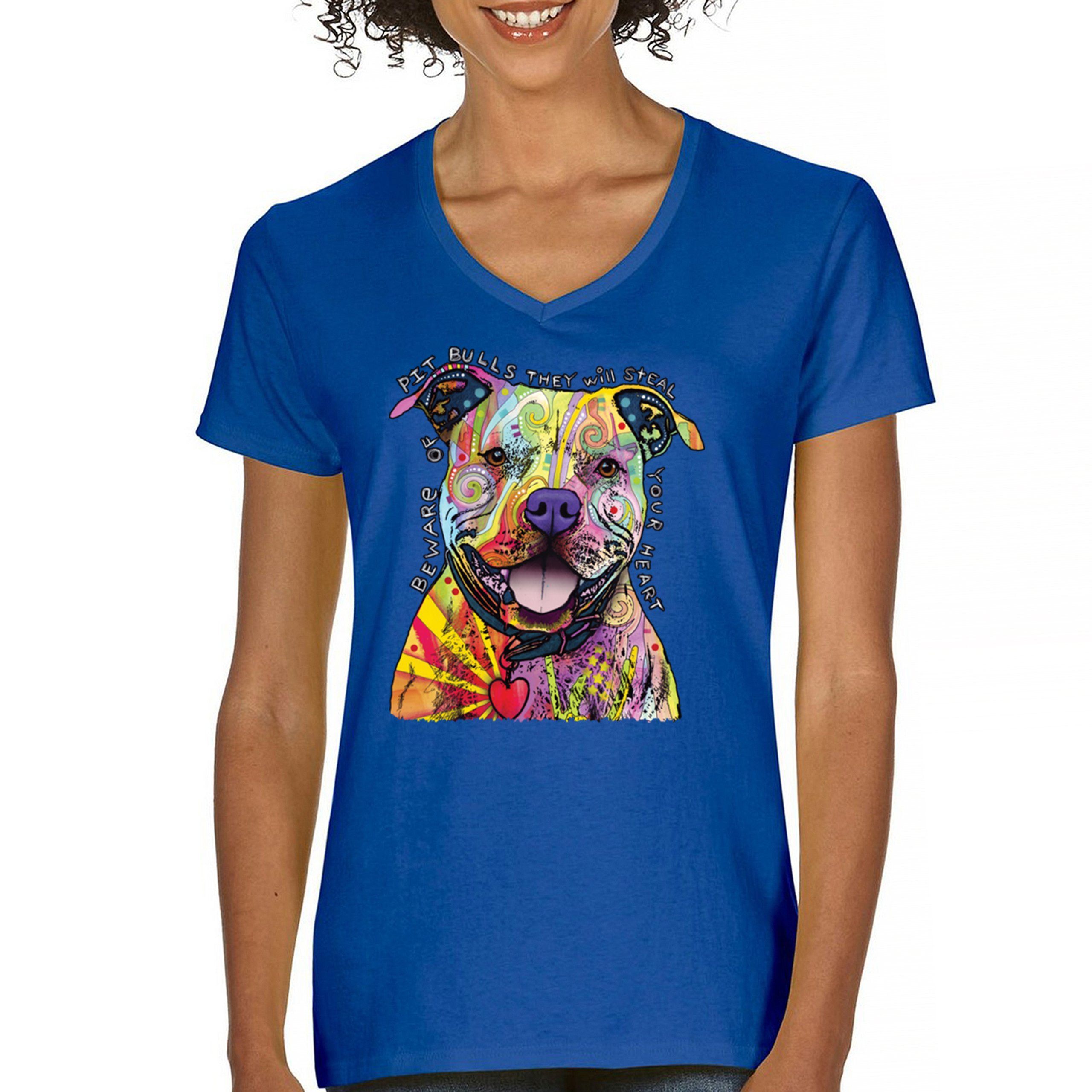 Beware of Pit Bull Women's V-Neck T-shirt Dean Russo Colorful Cute Dog Tee