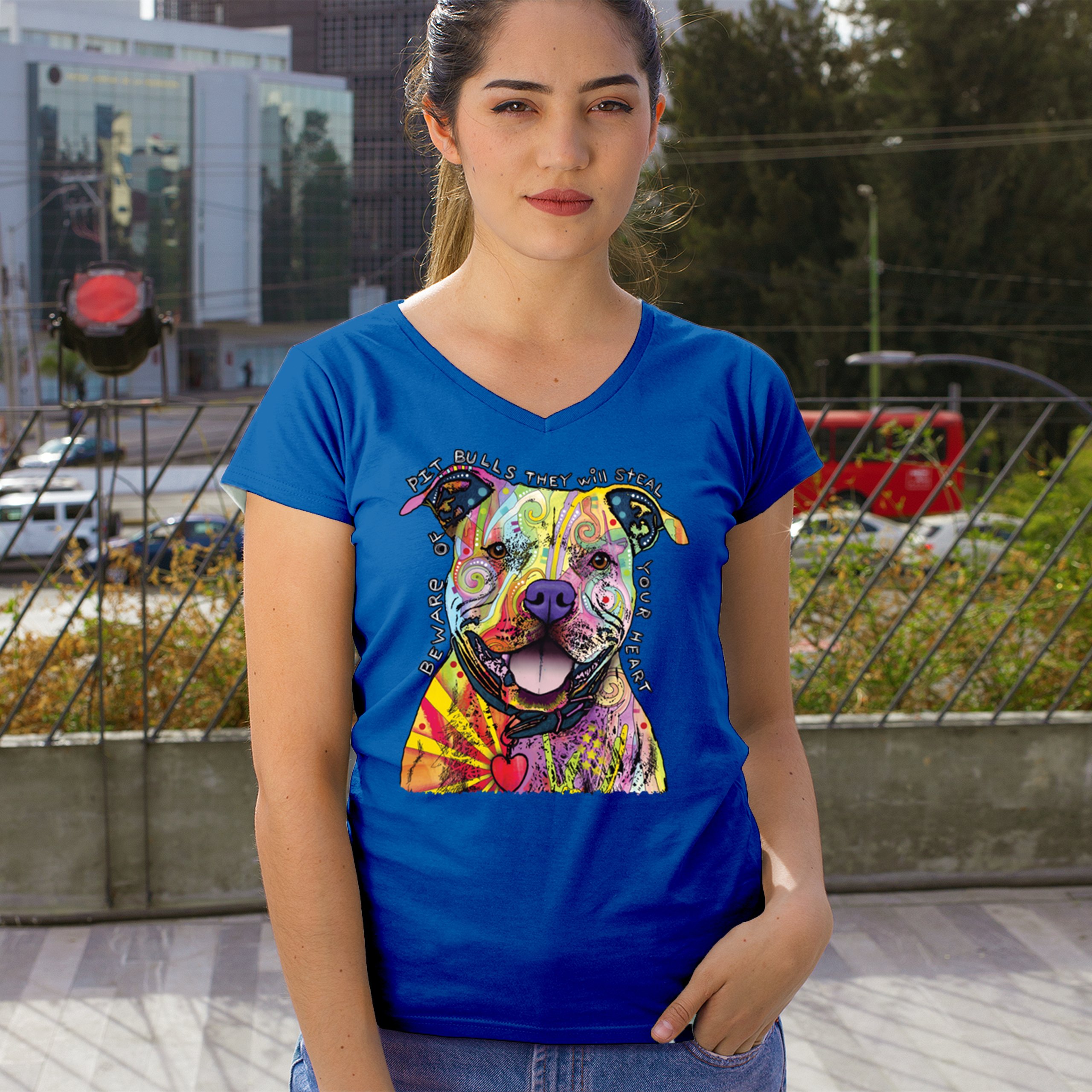 Beware of Pit Bull Women's V-Neck T-shirt Dean Russo Colorful Cute Dog Tee