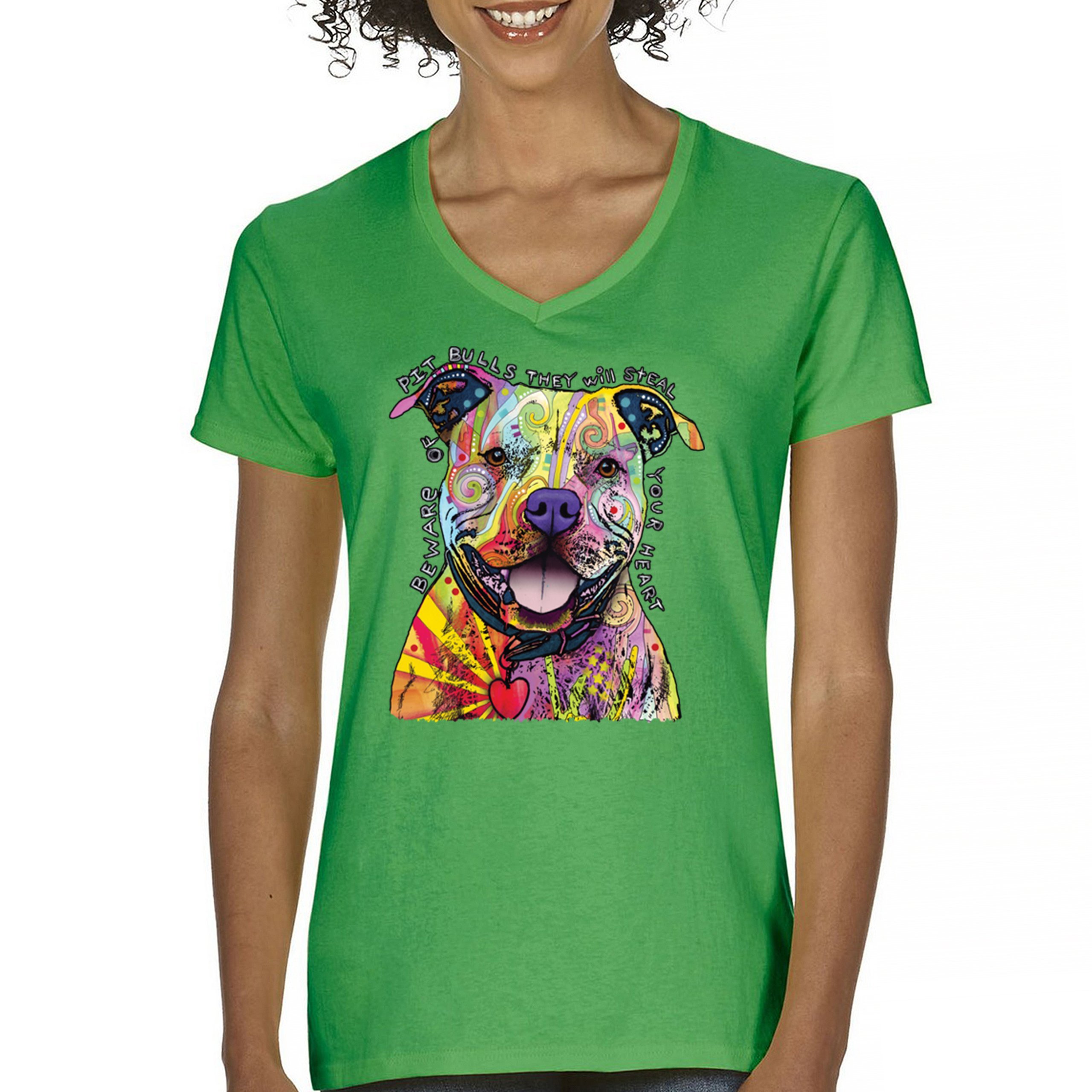 Beware of Pit Bull Women's V-Neck T-shirt Dean Russo Colorful Cute Dog Tee