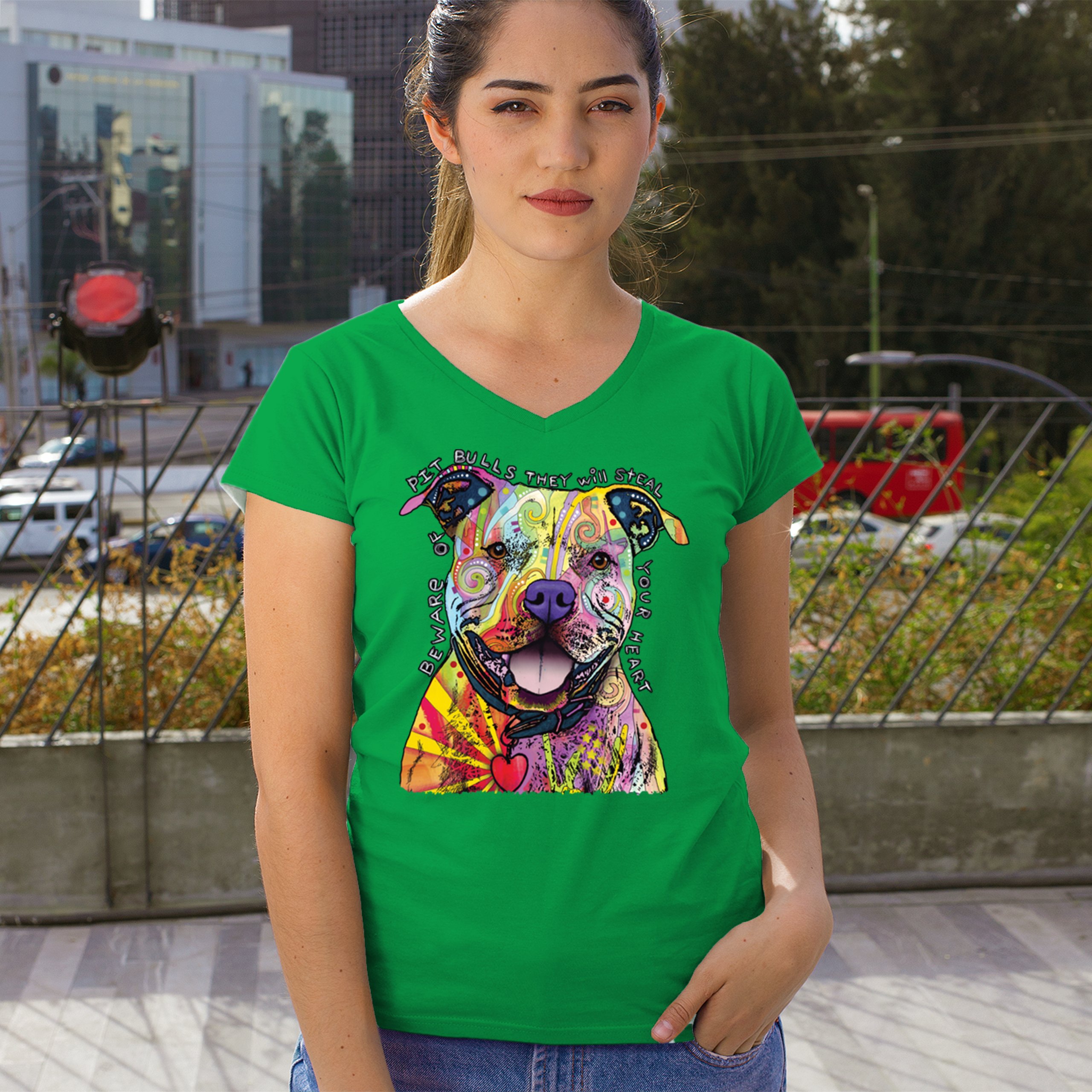 Beware of Pit Bull Women's V-Neck T-shirt Dean Russo Colorful Cute Dog Tee