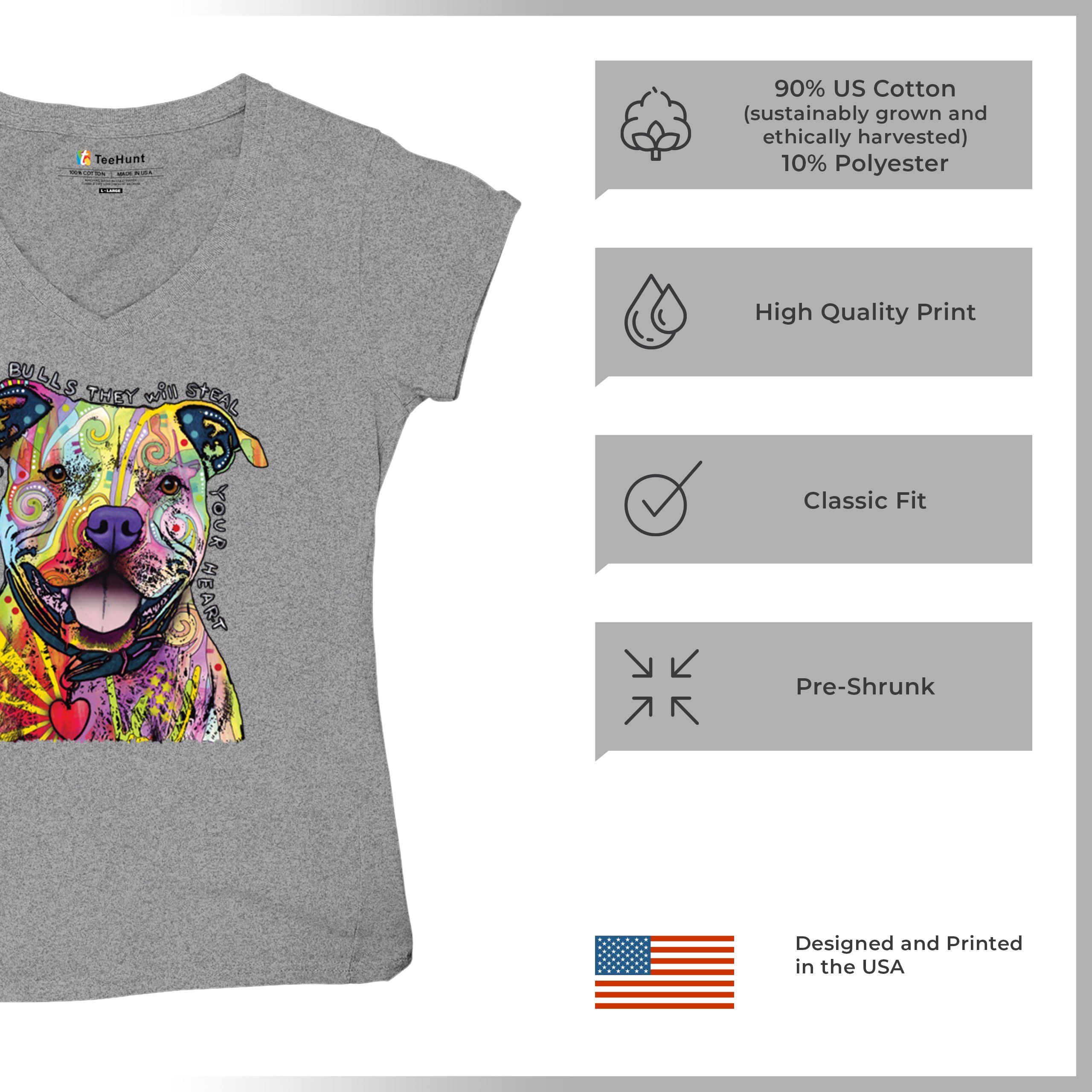 Beware of Pit Bull Women's V-Neck T-shirt Dean Russo Colorful Cute Dog Tee