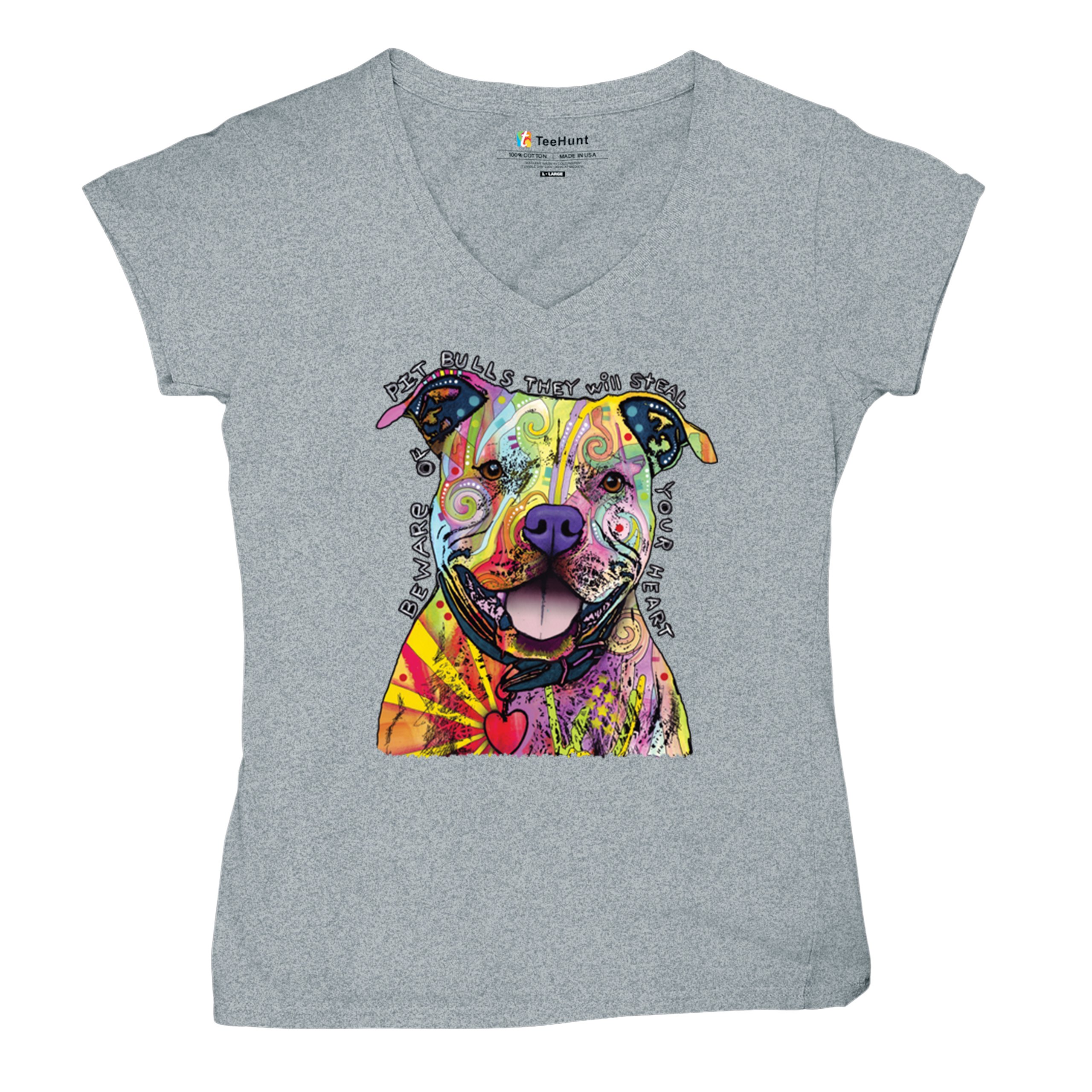 Beware of Pit Bull Women's V-Neck T-shirt Dean Russo Colorful Cute Dog Tee