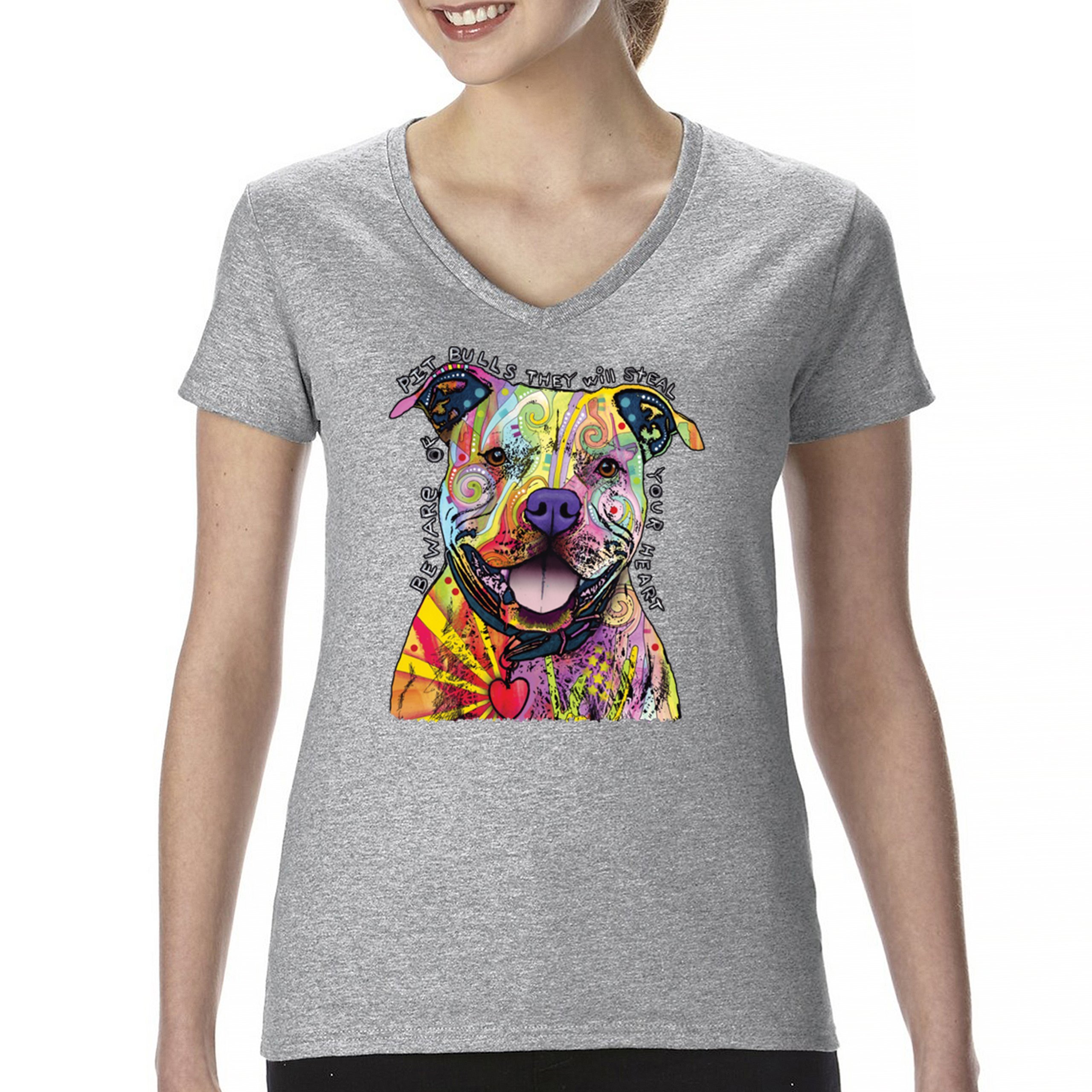 Beware of Pit Bull Women's V-Neck T-shirt Dean Russo Colorful Cute Dog Tee