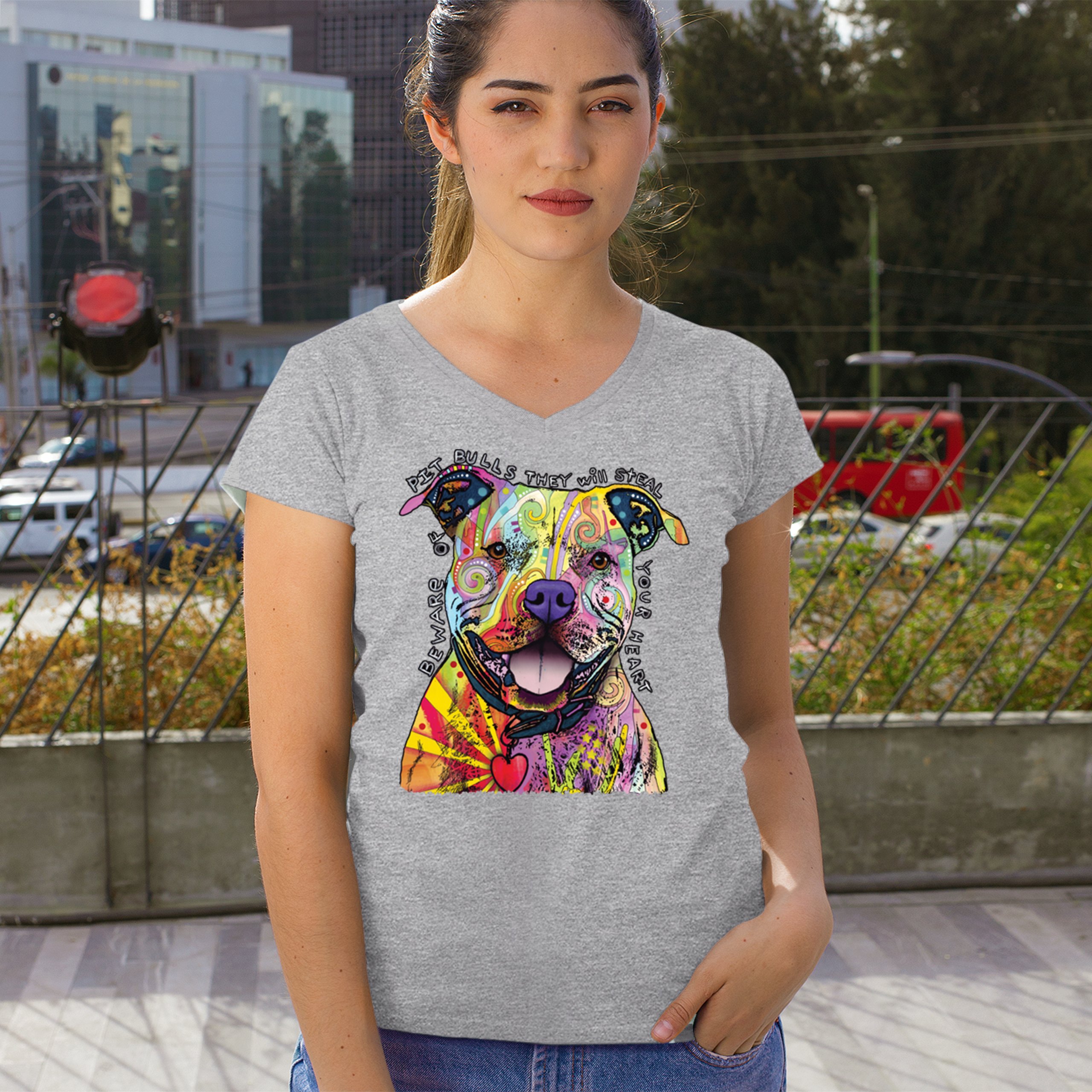 Beware of Pit Bull Women's V-Neck T-shirt Dean Russo Colorful Cute Dog Tee