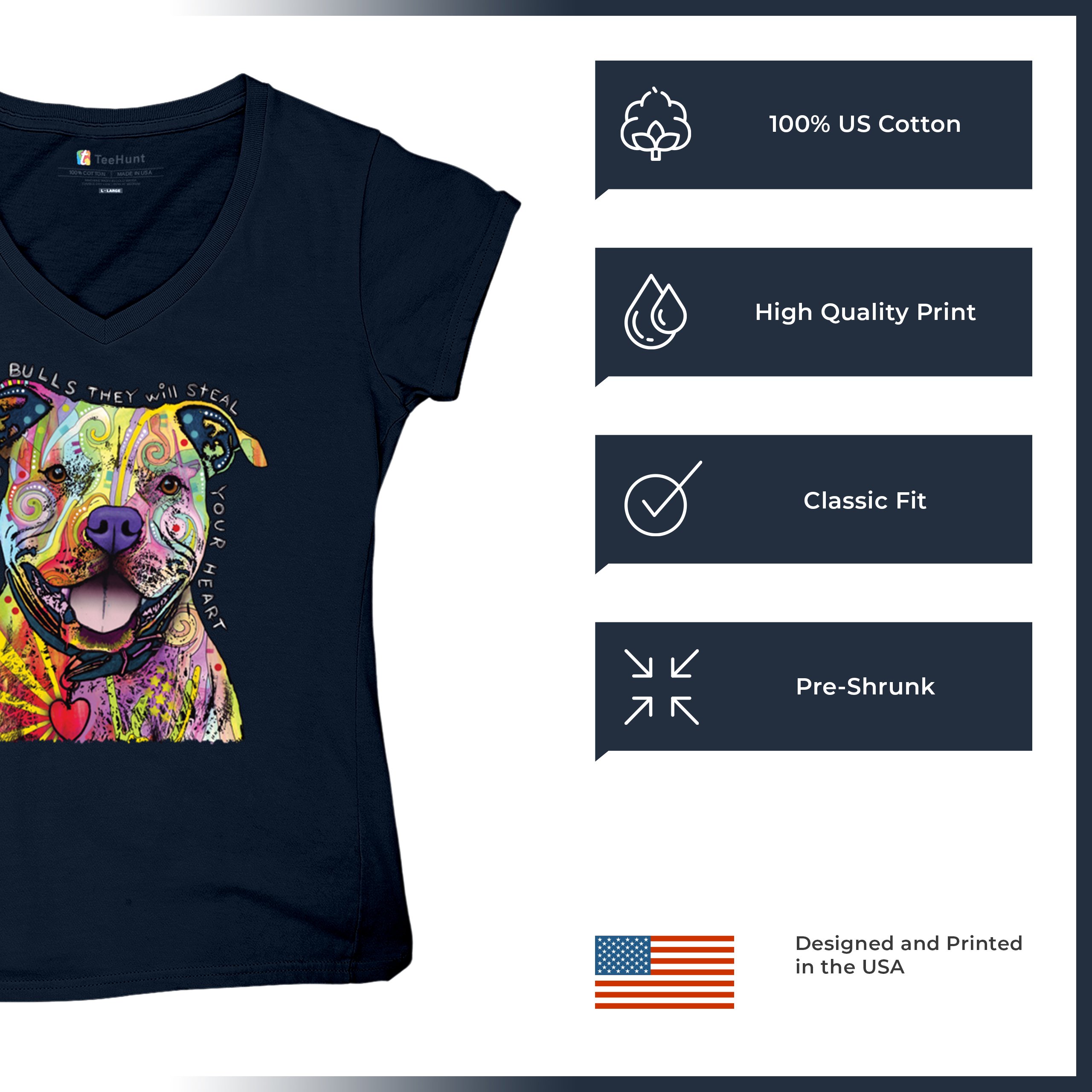 Beware of Pit Bull Women's V-Neck T-shirt Dean Russo Colorful Cute Dog Tee