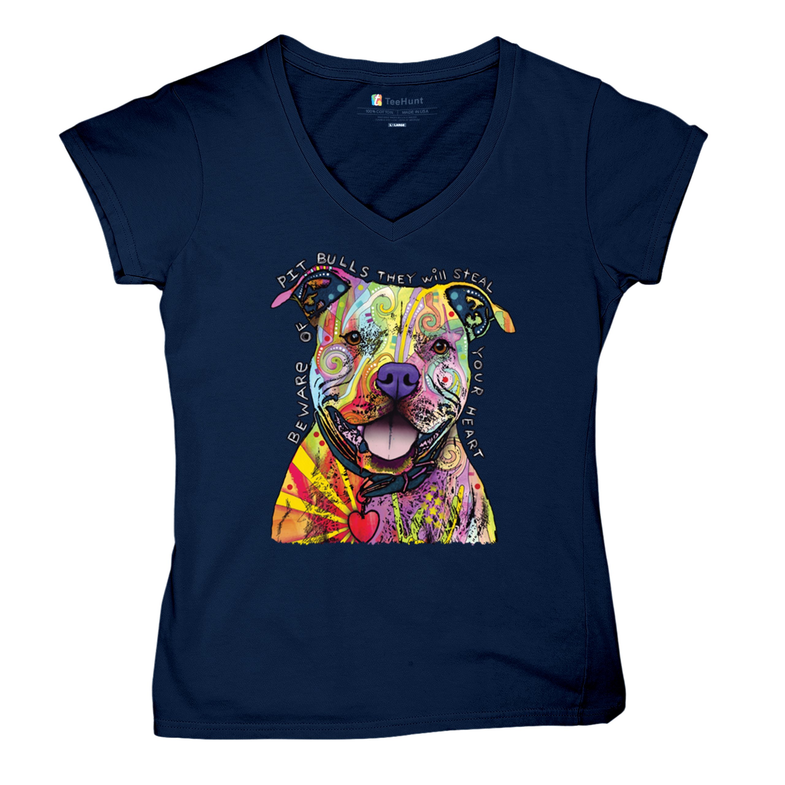 Beware of Pit Bull Women's V-Neck T-shirt Dean Russo Colorful Cute Dog Tee