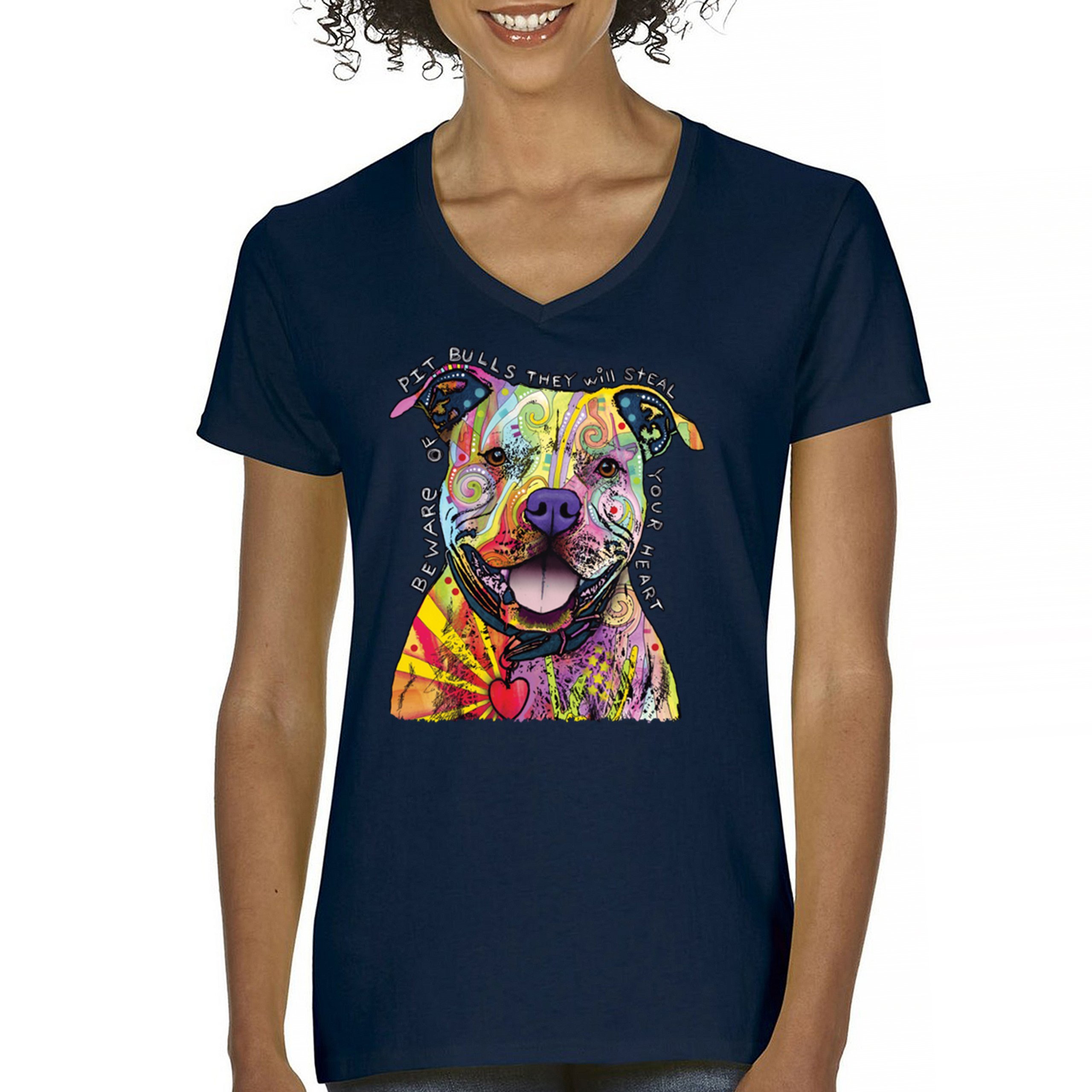 Beware of Pit Bull Women's V-Neck T-shirt Dean Russo Colorful Cute Dog Tee