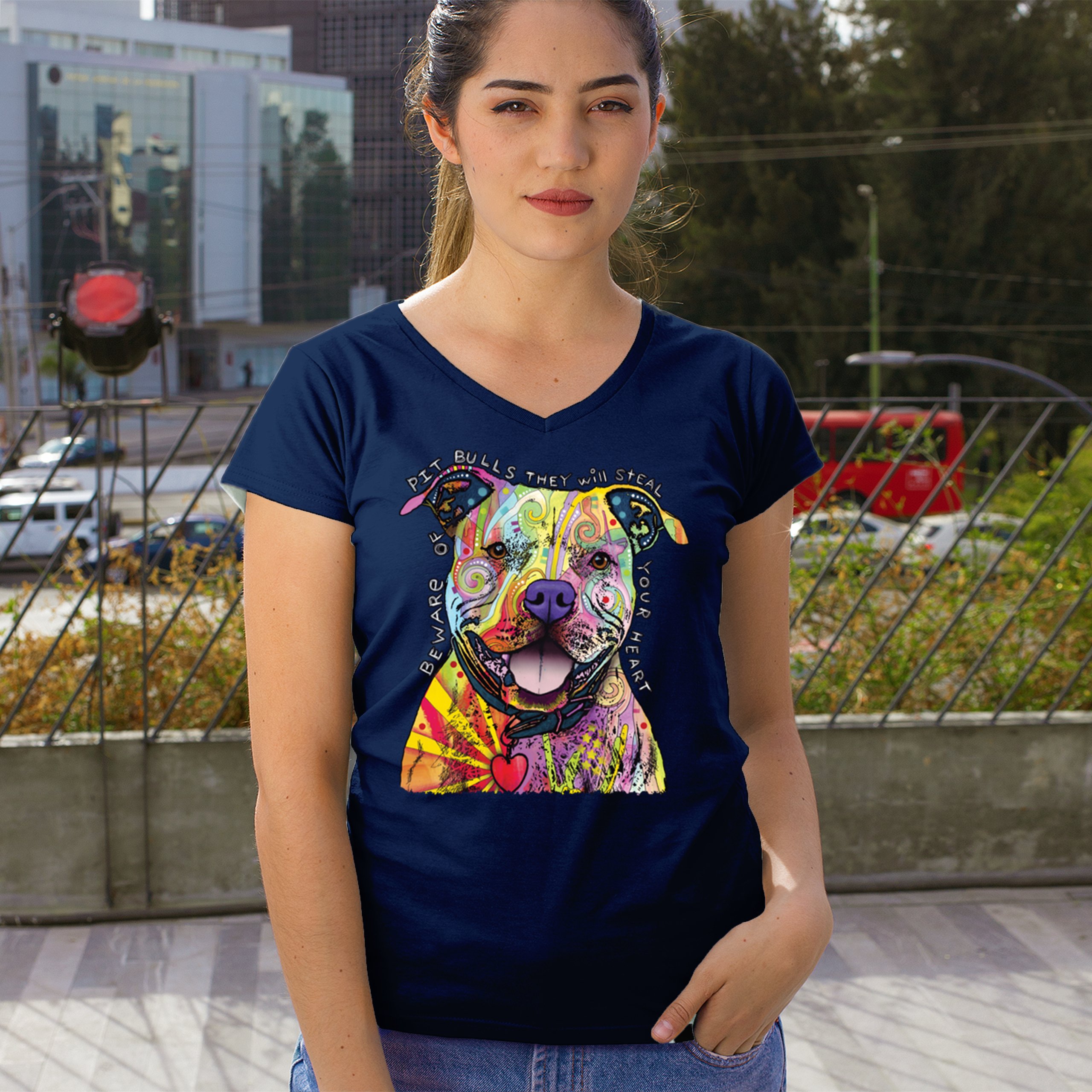 Beware of Pit Bull Women's V-Neck T-shirt Dean Russo Colorful Cute Dog Tee