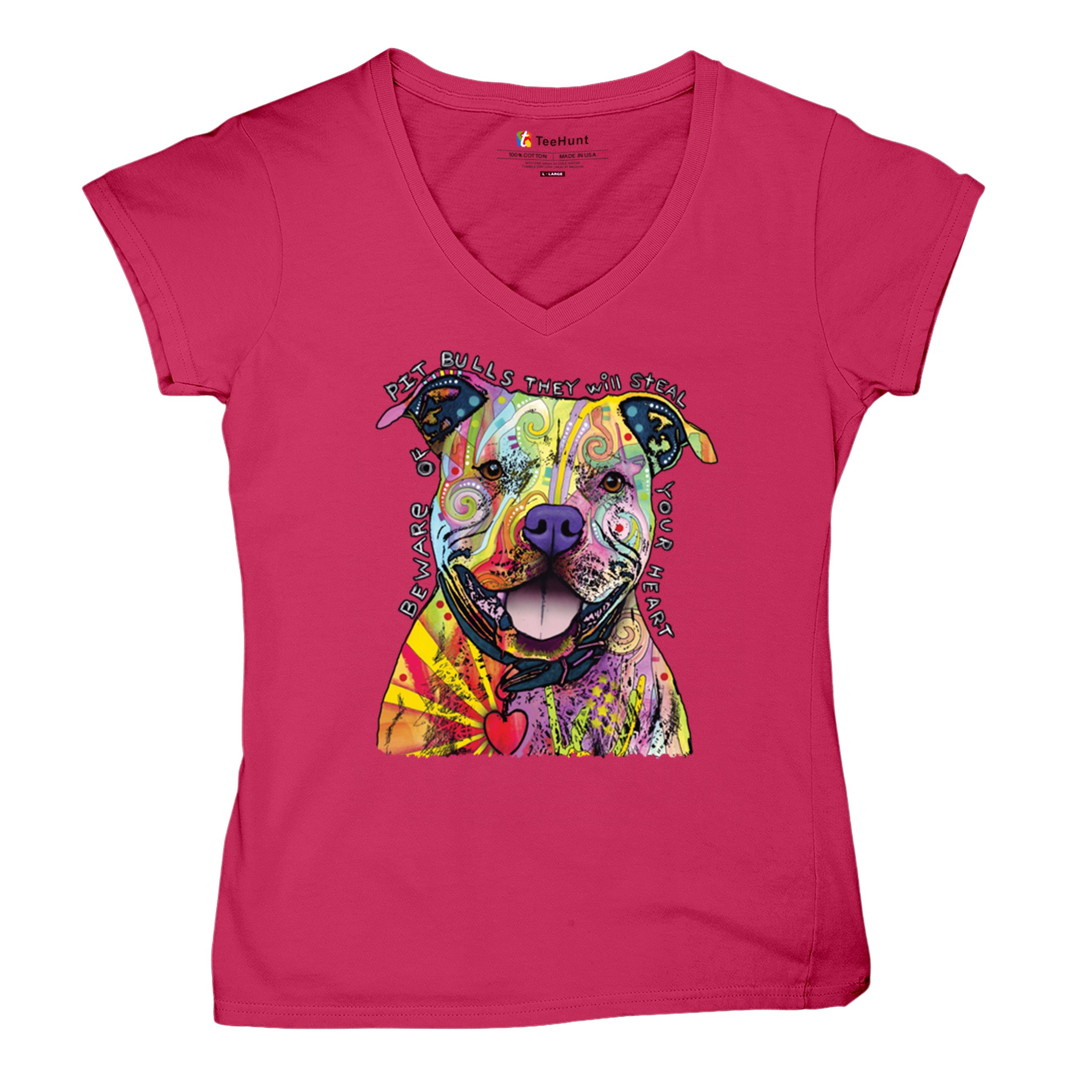 Beware of Pit Bull Women's V-Neck T-shirt Dean Russo Colorful Cute Dog Tee