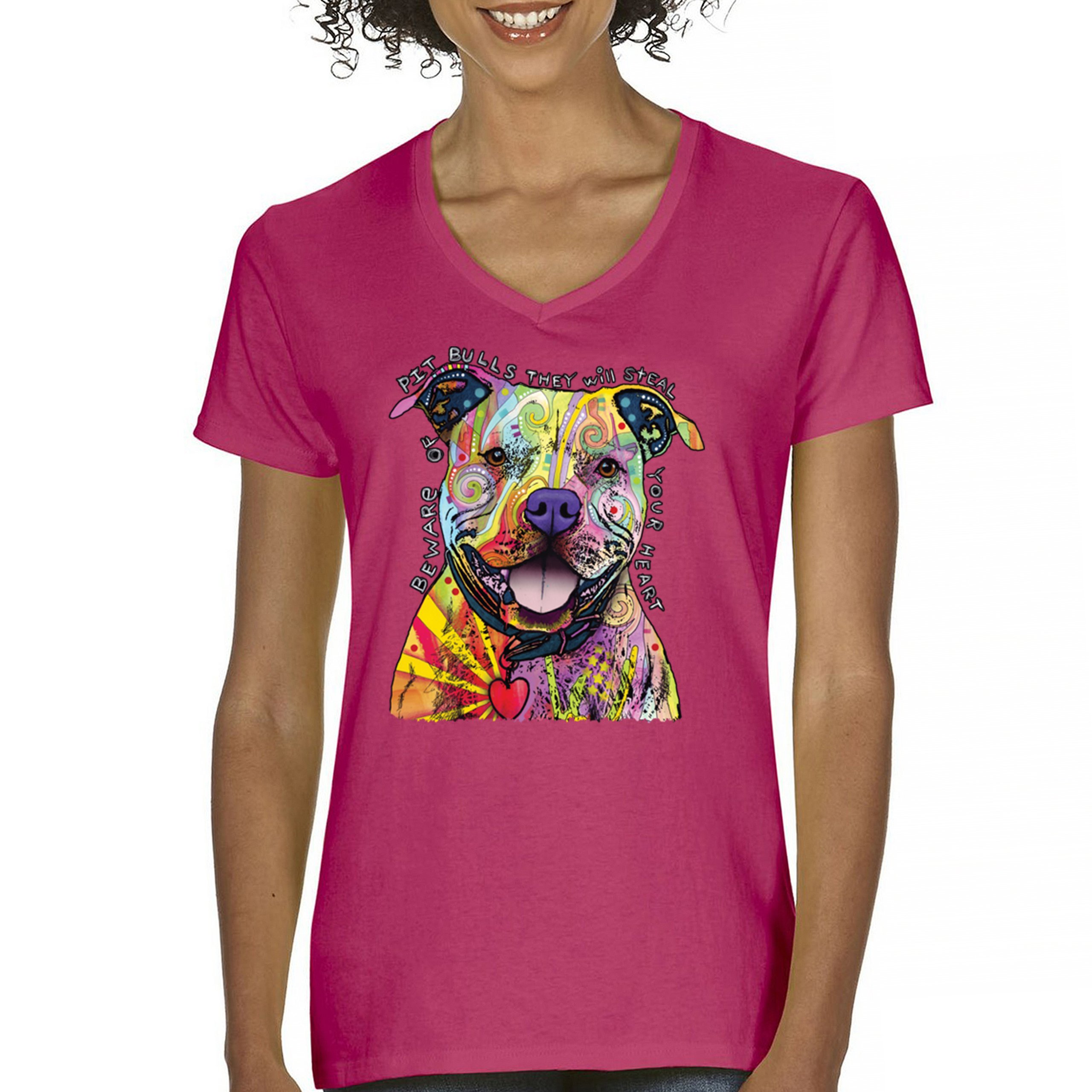 Beware of Pit Bull Women's V-Neck T-shirt Dean Russo Colorful Cute Dog Tee