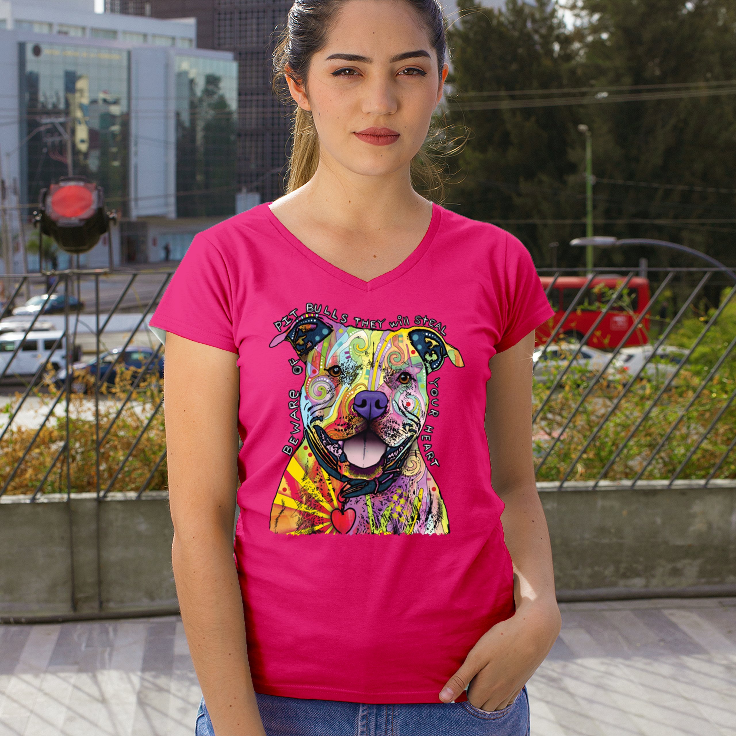 Beware of Pit Bull Women's V-Neck T-shirt Dean Russo Colorful Cute Dog Tee