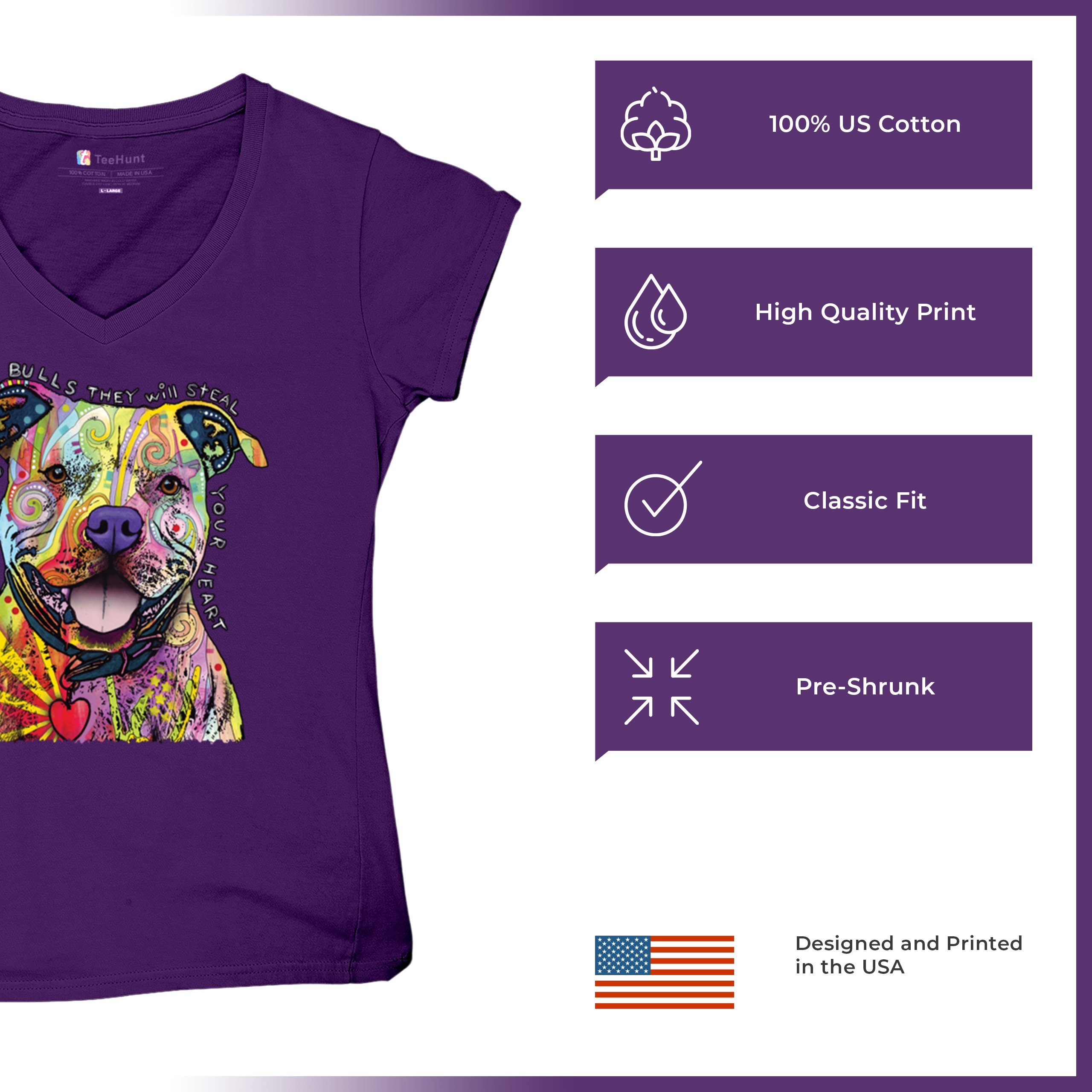 Beware of Pit Bull Women's V-Neck T-shirt Dean Russo Colorful Cute Dog Tee