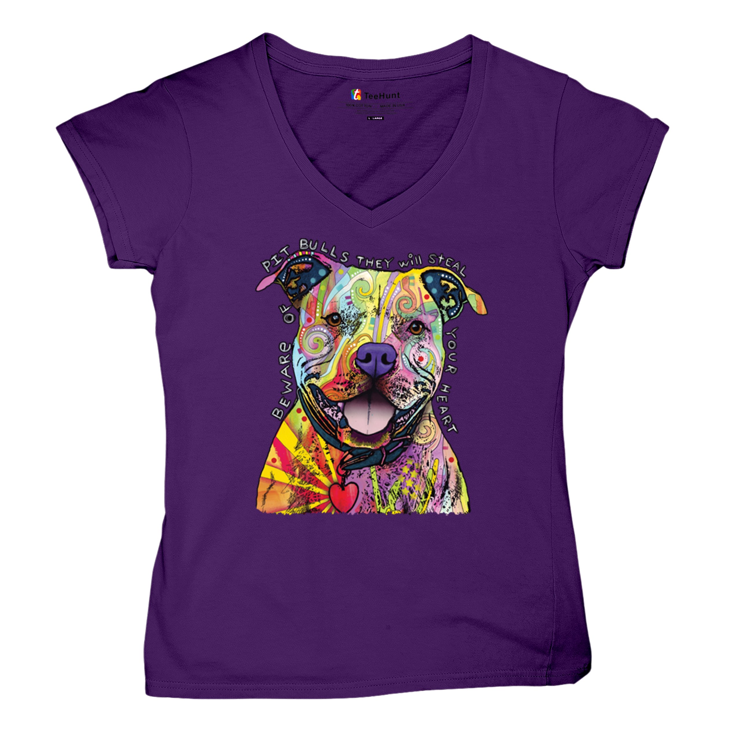 Beware of Pit Bull Women's V-Neck T-shirt Dean Russo Colorful Cute Dog Tee