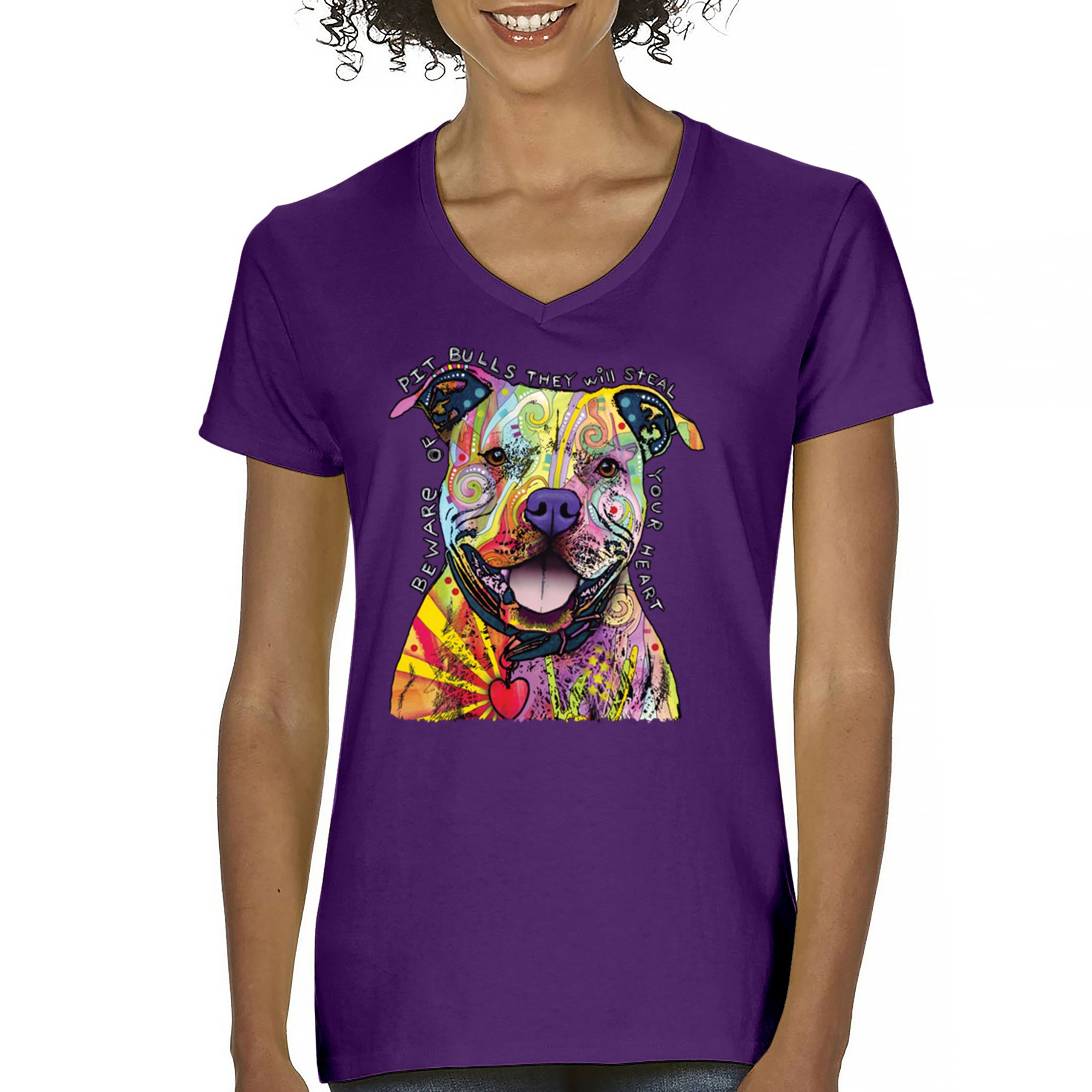 Beware of Pit Bull Women's V-Neck T-shirt Dean Russo Colorful Cute Dog Tee