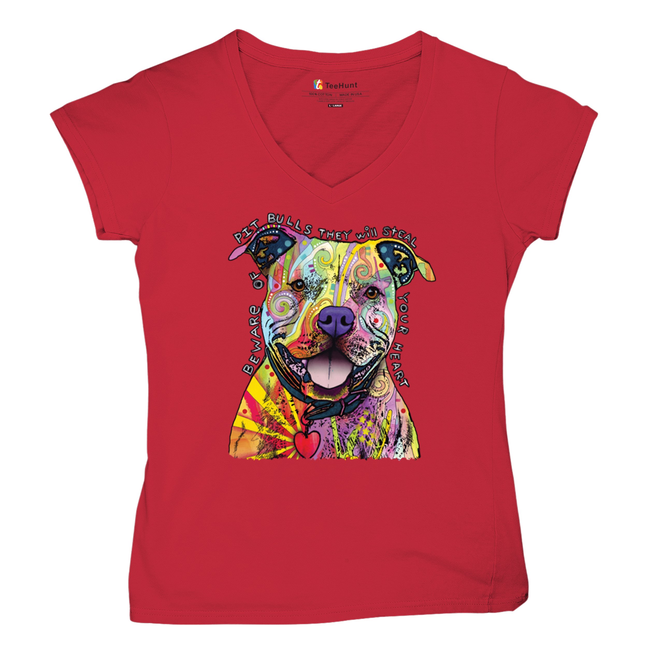 Beware of Pit Bull Women's V-Neck T-shirt Dean Russo Colorful Cute Dog Tee