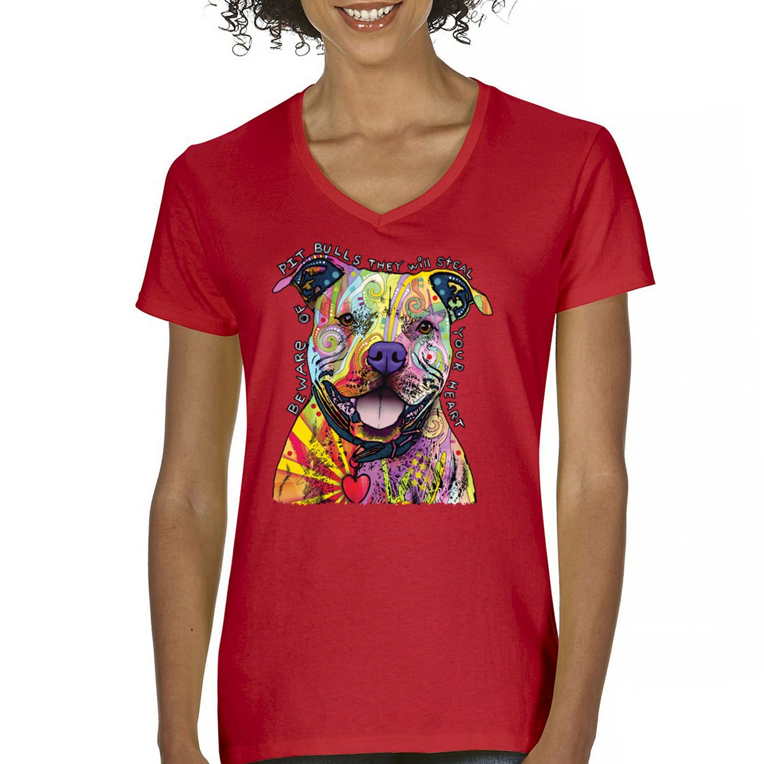 Beware of Pit Bull Women's V-Neck T-shirt Dean Russo Colorful Cute Dog Tee