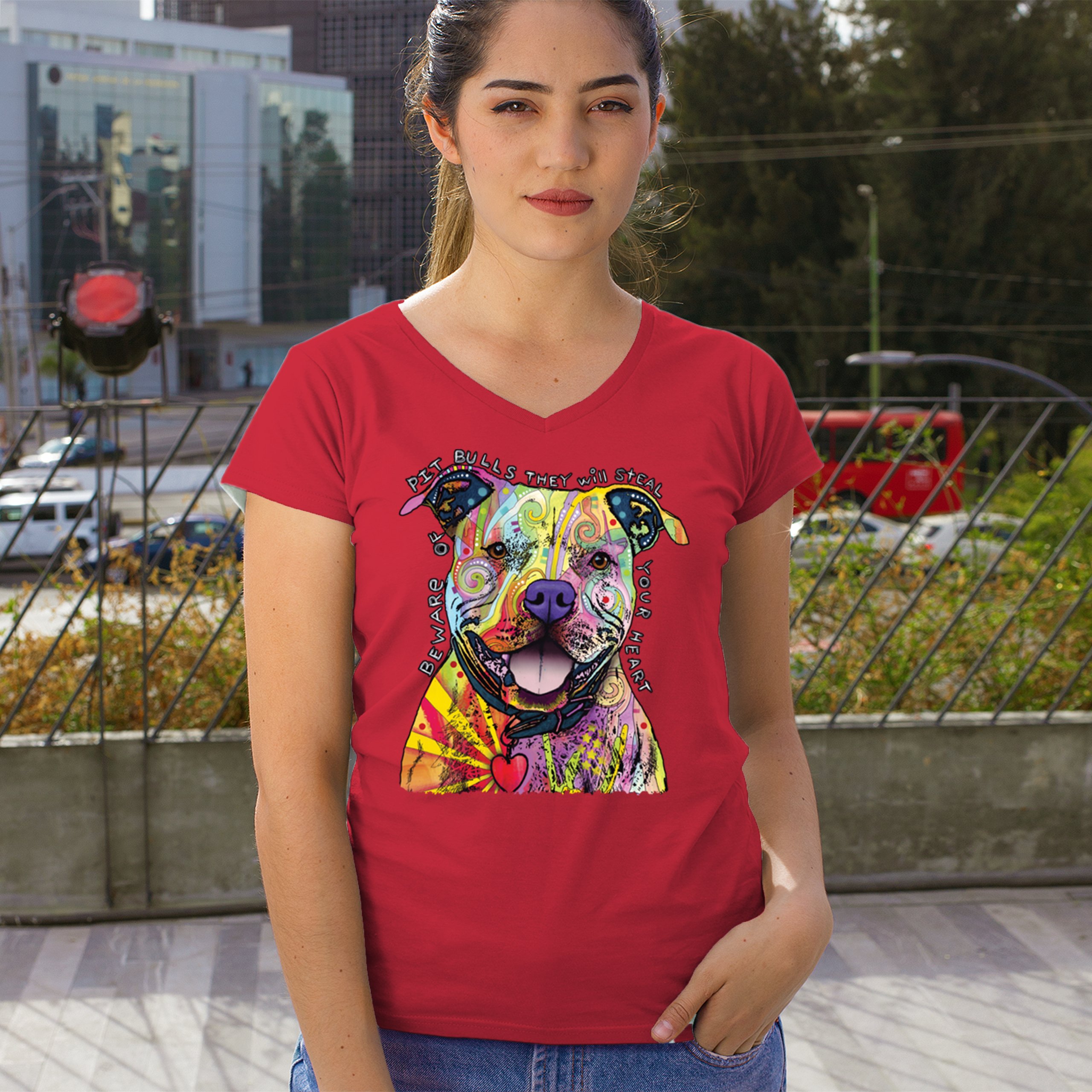 Beware of Pit Bull Women's V-Neck T-shirt Dean Russo Colorful Cute Dog Tee