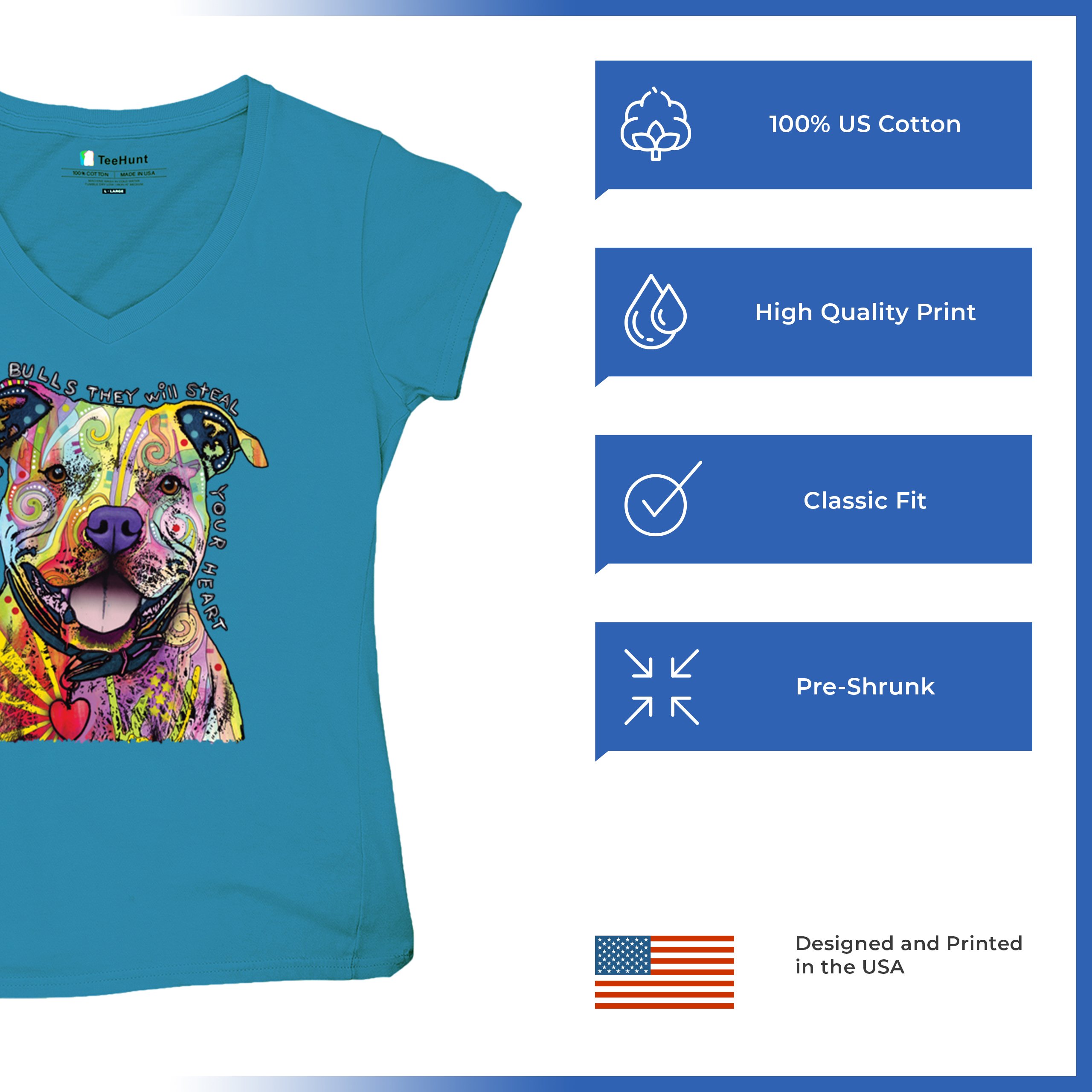 Beware of Pit Bull Women's V-Neck T-shirt Dean Russo Colorful Cute Dog Tee