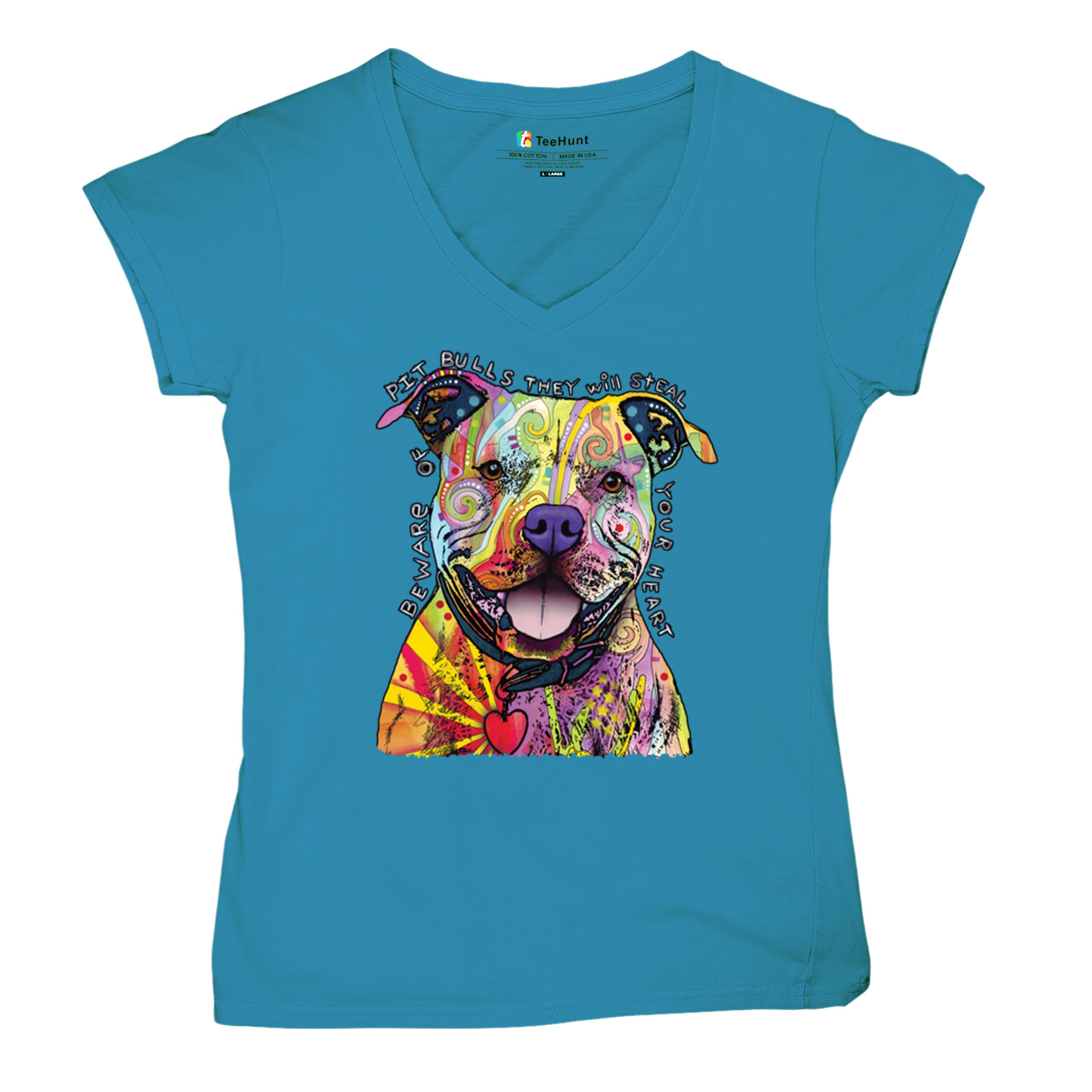 Beware of Pit Bull Women's V-Neck T-shirt Dean Russo Colorful Cute Dog Tee