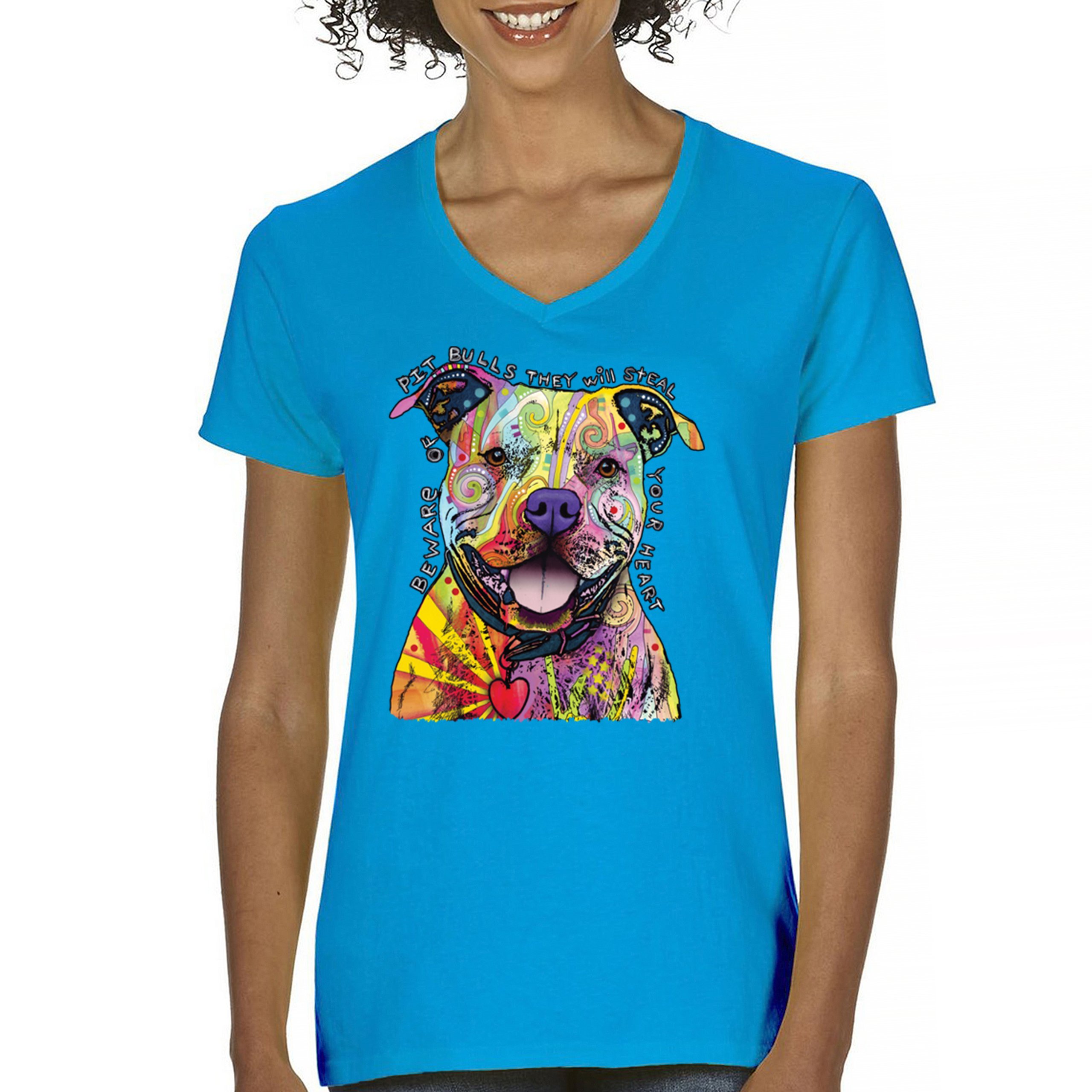 Beware of Pit Bull Women's V-Neck T-shirt Dean Russo Colorful Cute Dog Tee