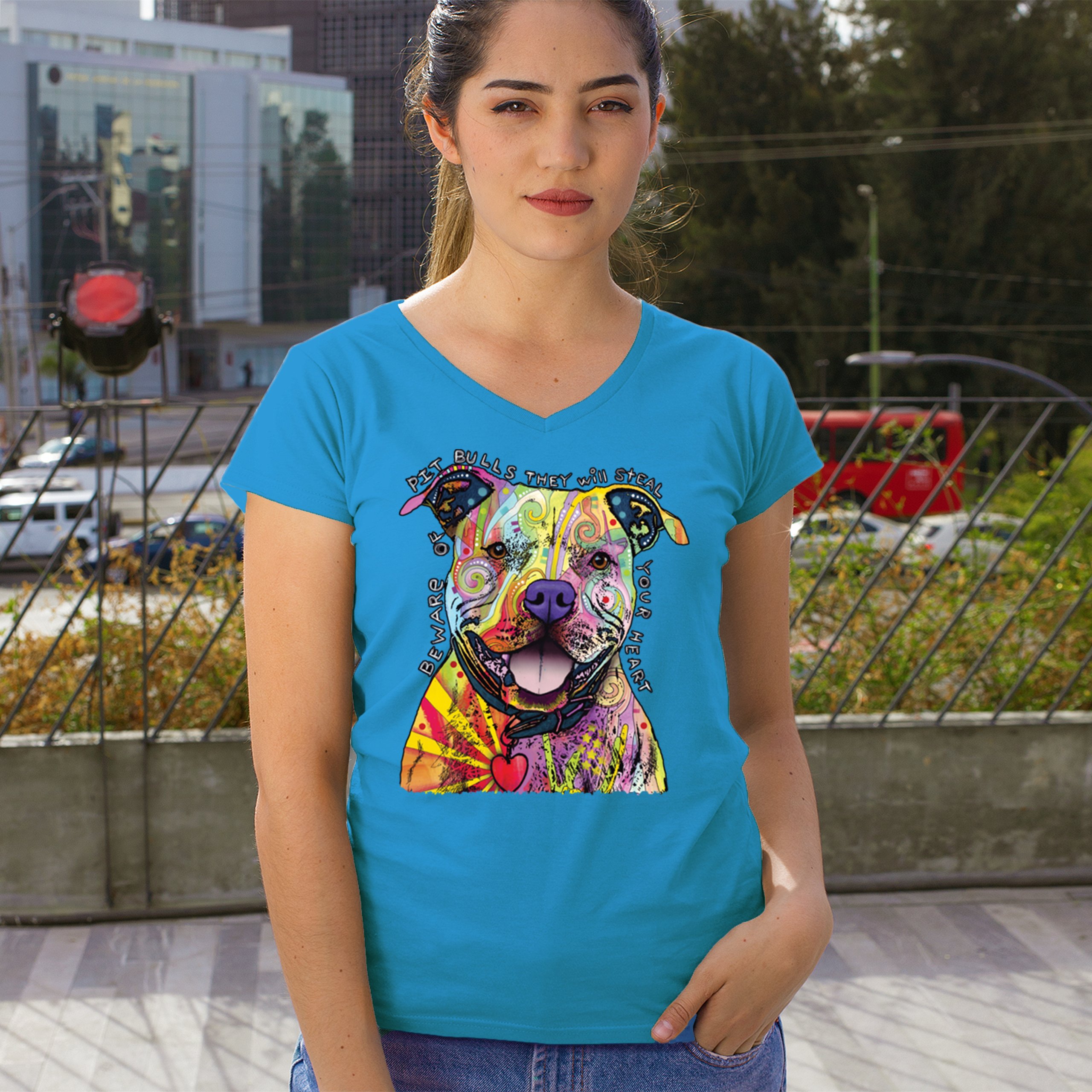 Beware of Pit Bull Women's V-Neck T-shirt Dean Russo Colorful Cute Dog Tee