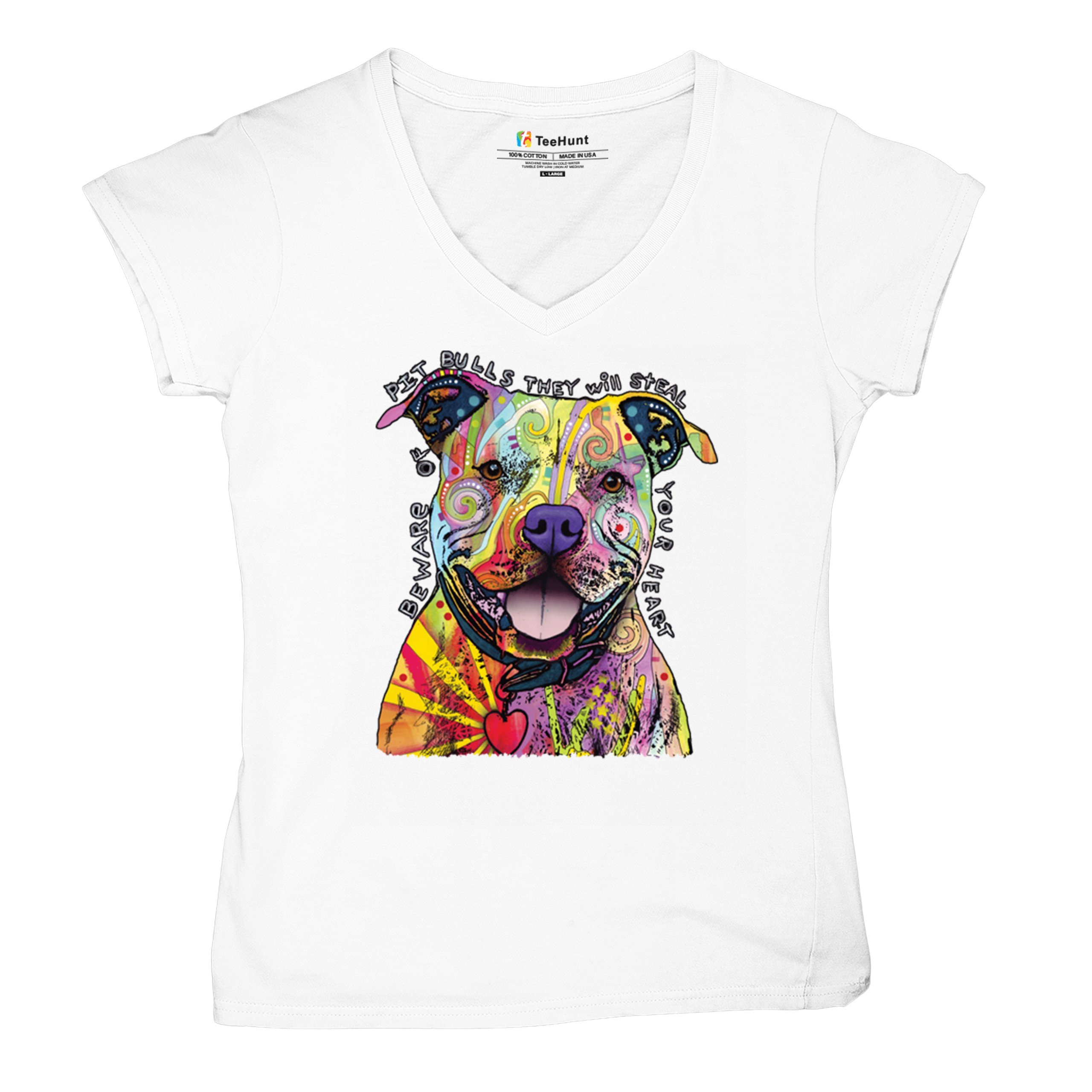 Beware of Pit Bull Women's V-Neck T-shirt Dean Russo Colorful Cute Dog Tee