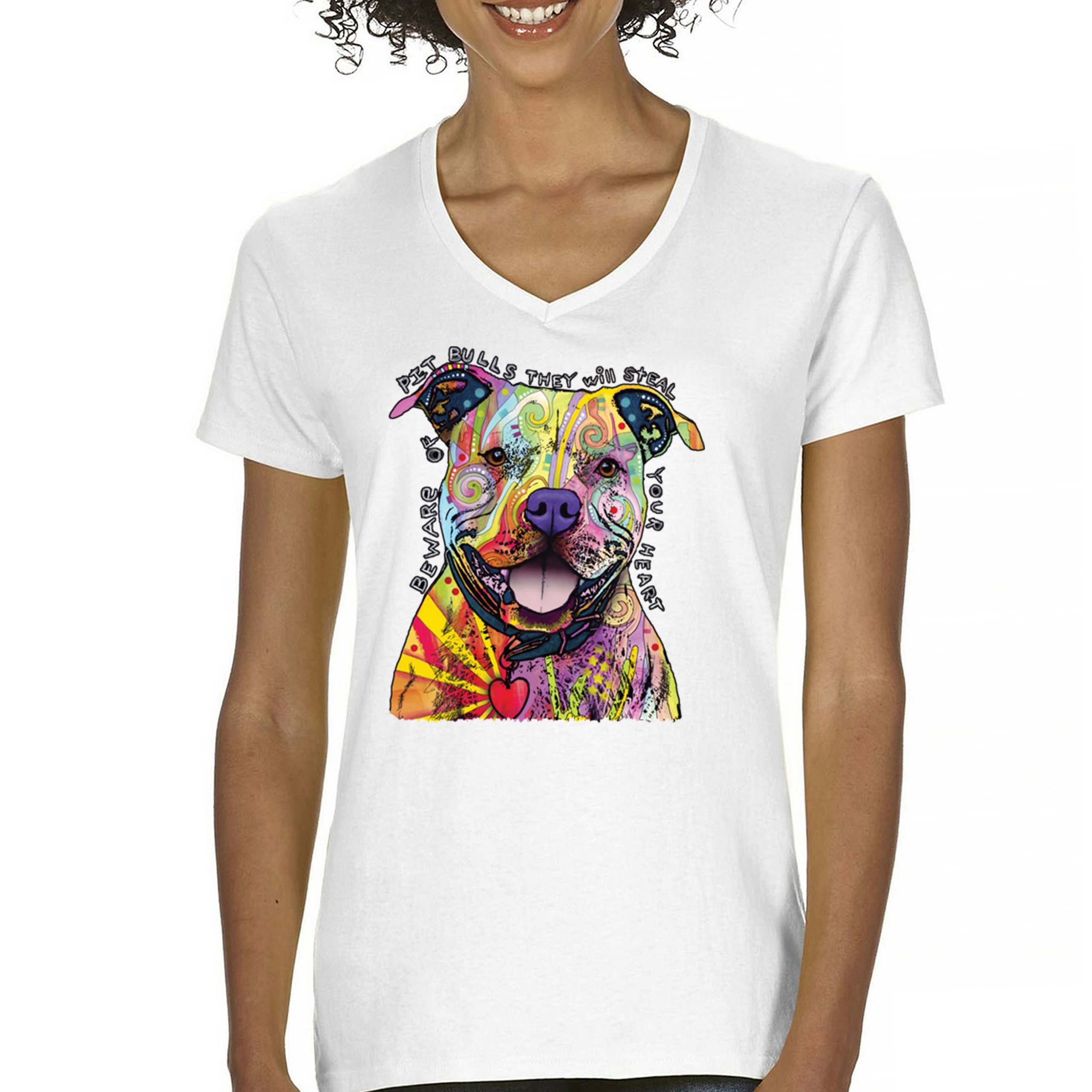 Beware of Pit Bull Women's V-Neck T-shirt Dean Russo Colorful Cute Dog Tee