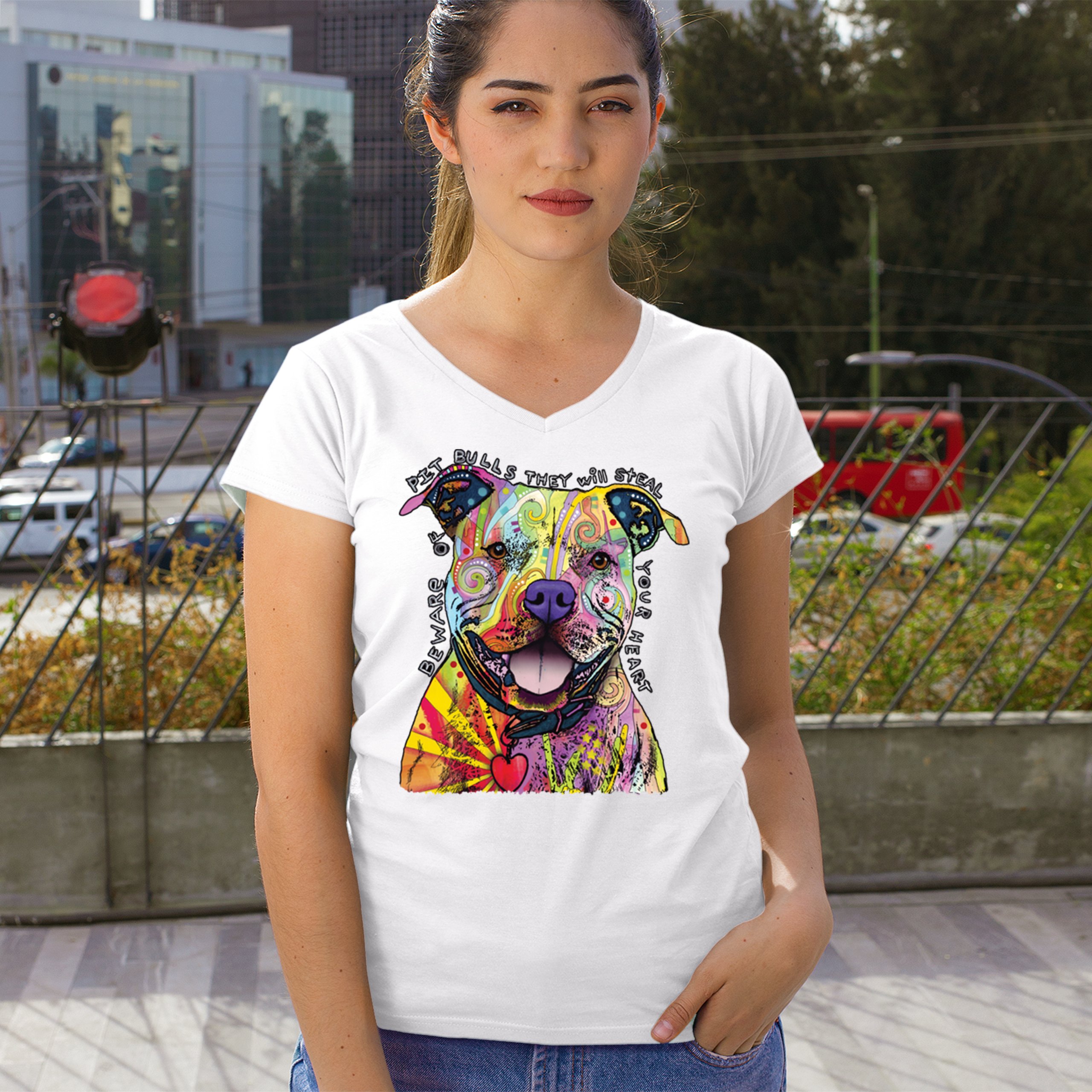 Beware of Pit Bull Women's V-Neck T-shirt Dean Russo Colorful Cute Dog Tee