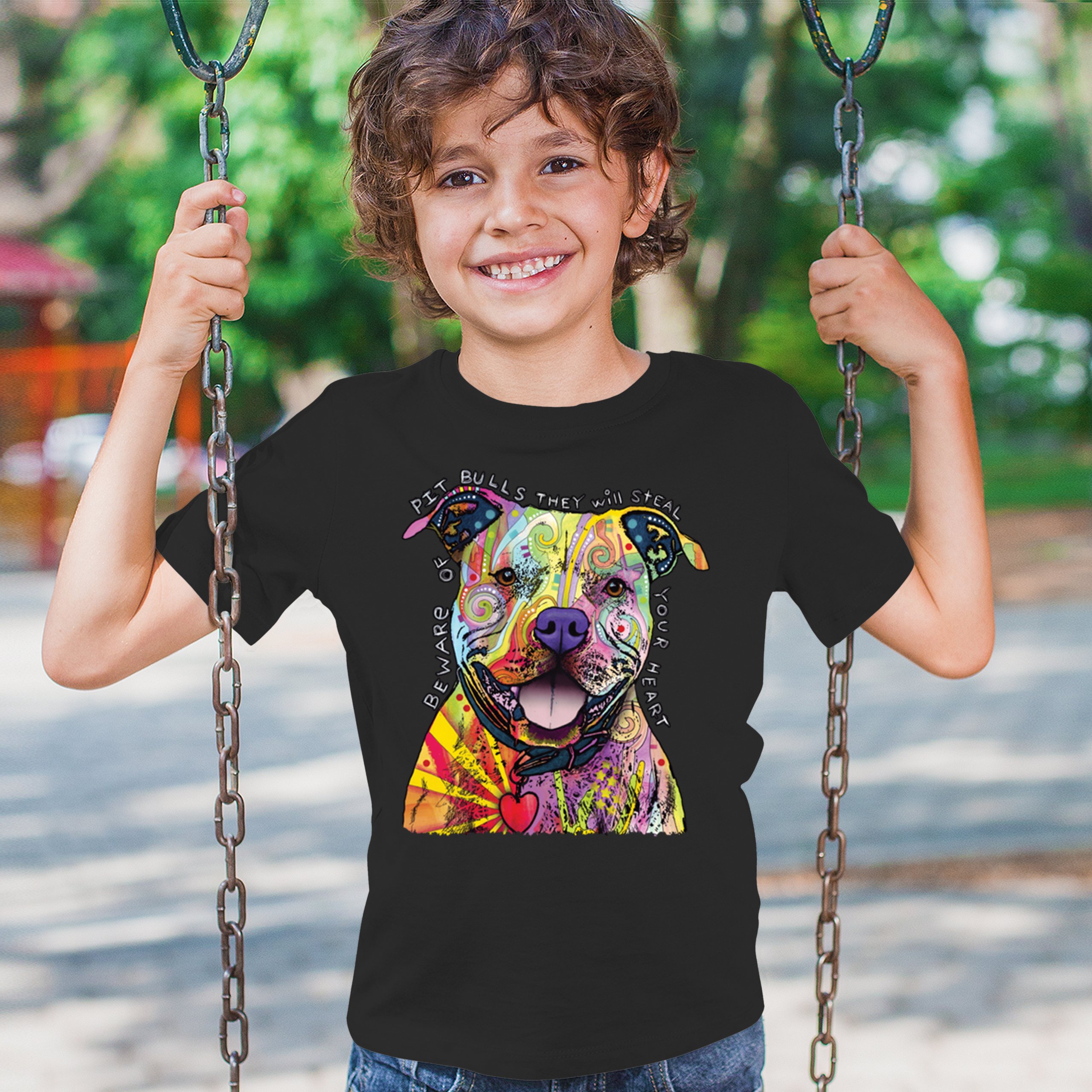 Vorsicht vor Pitbulls Jugend T-Shirt Dean Russo Art bunt süß Hund Kinder - Bild 5 von 50