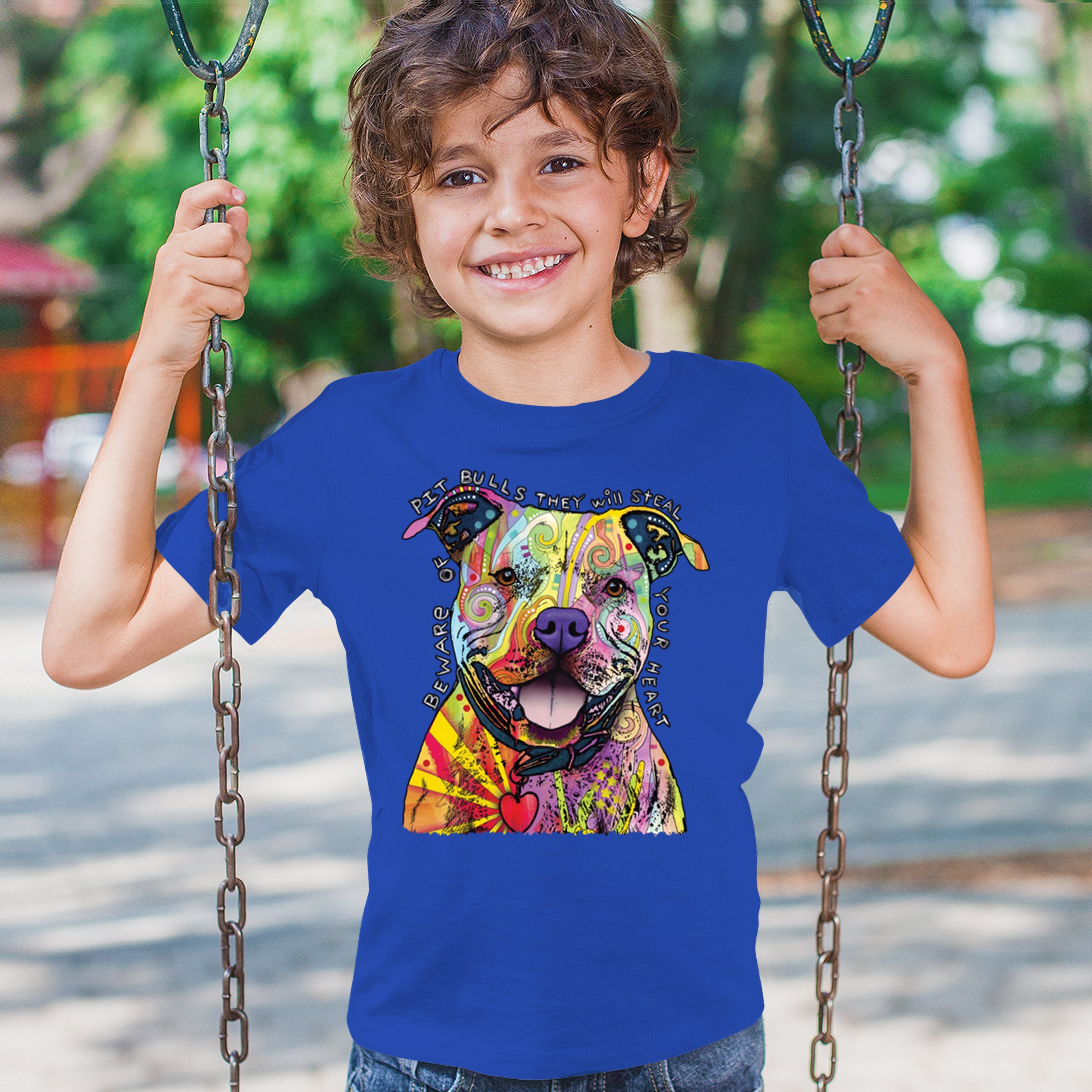 Vorsicht vor Pitbulls Jugend T-Shirt Dean Russo Art bunt süß Hund Kinder - Bild 40 von 50