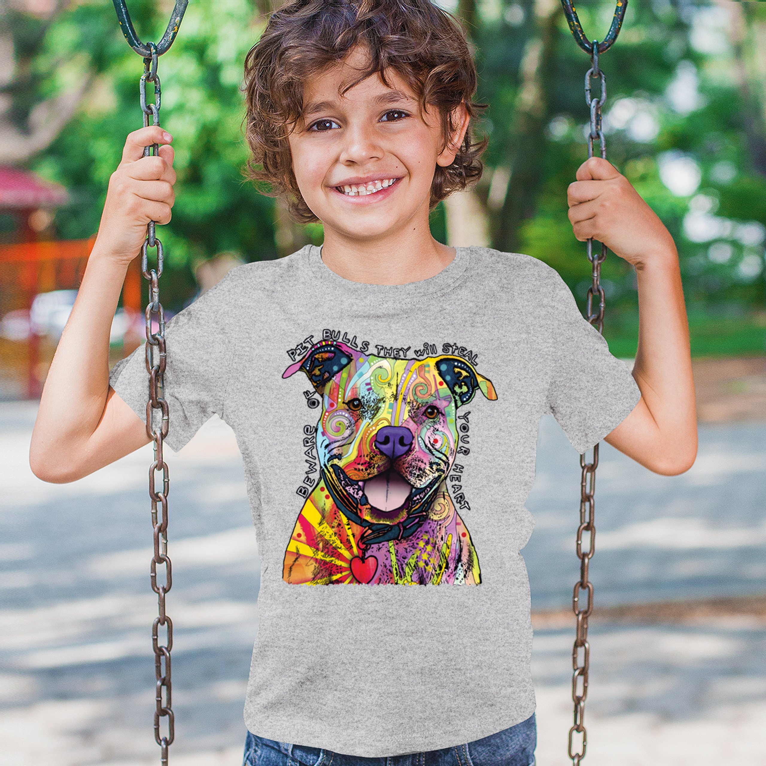 Vorsicht vor Pitbulls Jugend T-Shirt Dean Russo Art bunt süß Hund Kinder - Bild 12 von 50