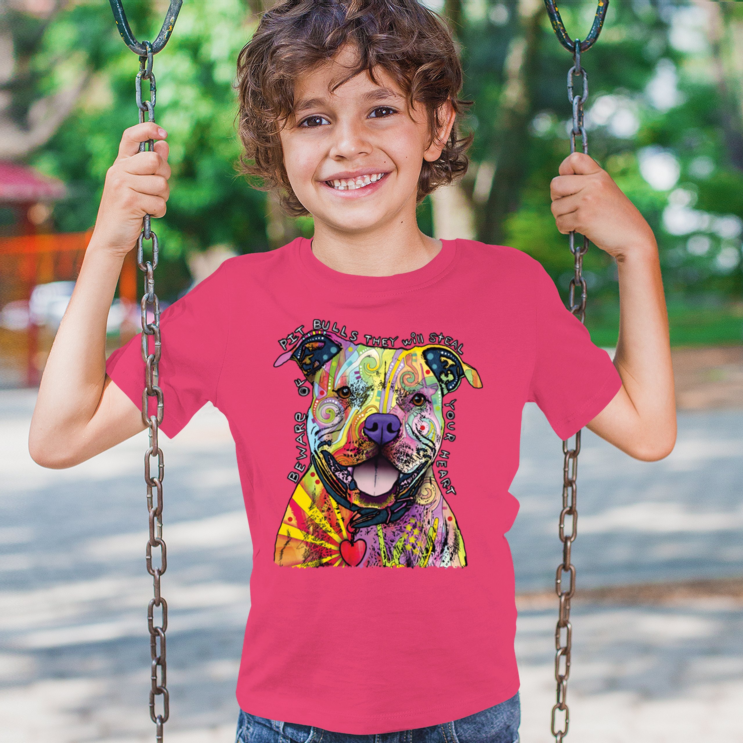 Vorsicht vor Pitbulls Jugend T-Shirt Dean Russo Art bunt süß Hund Kinder - Bild 47 von 50