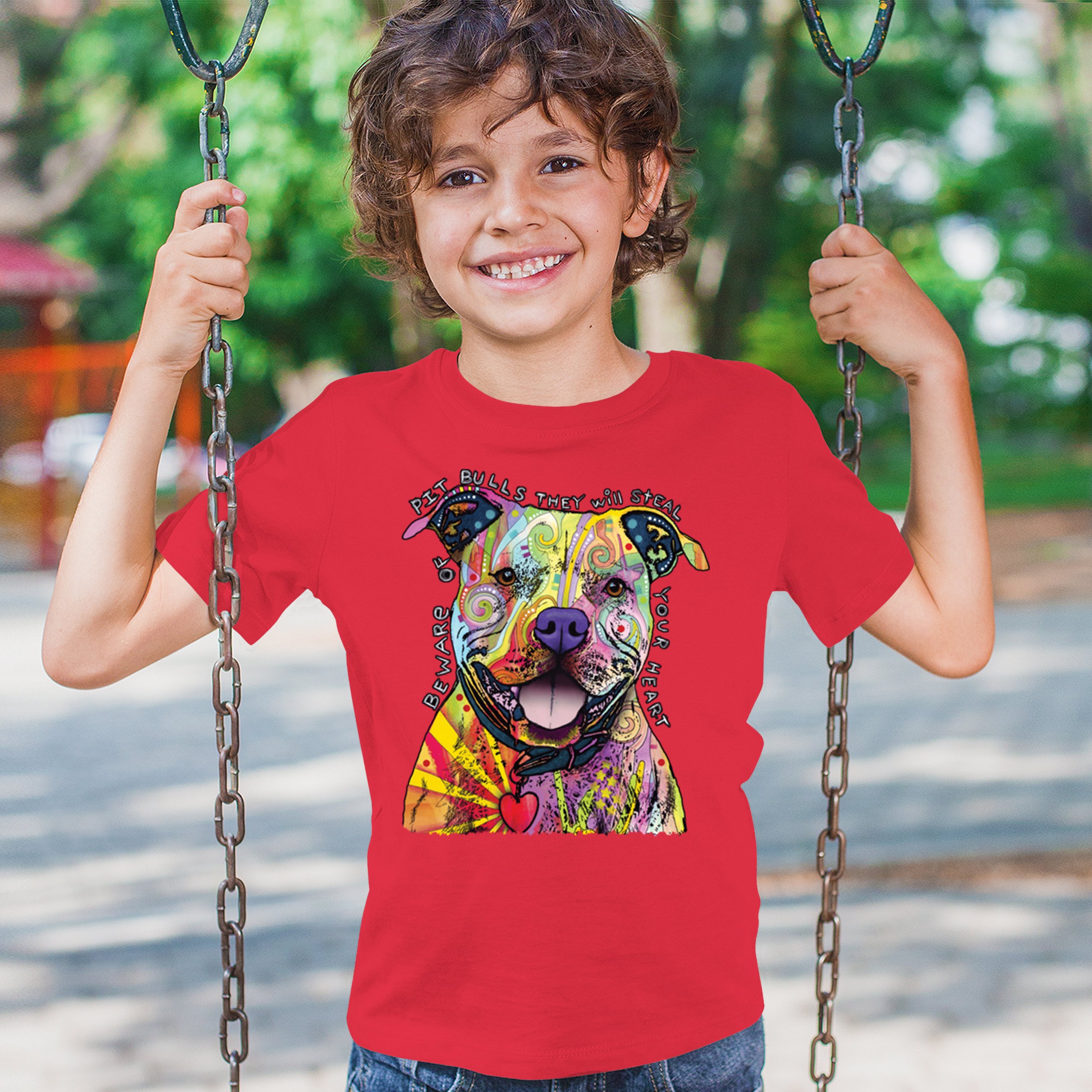 Vorsicht vor Pitbulls Jugend T-Shirt Dean Russo Art bunt süß Hund Kinder - Bild 19 von 50
