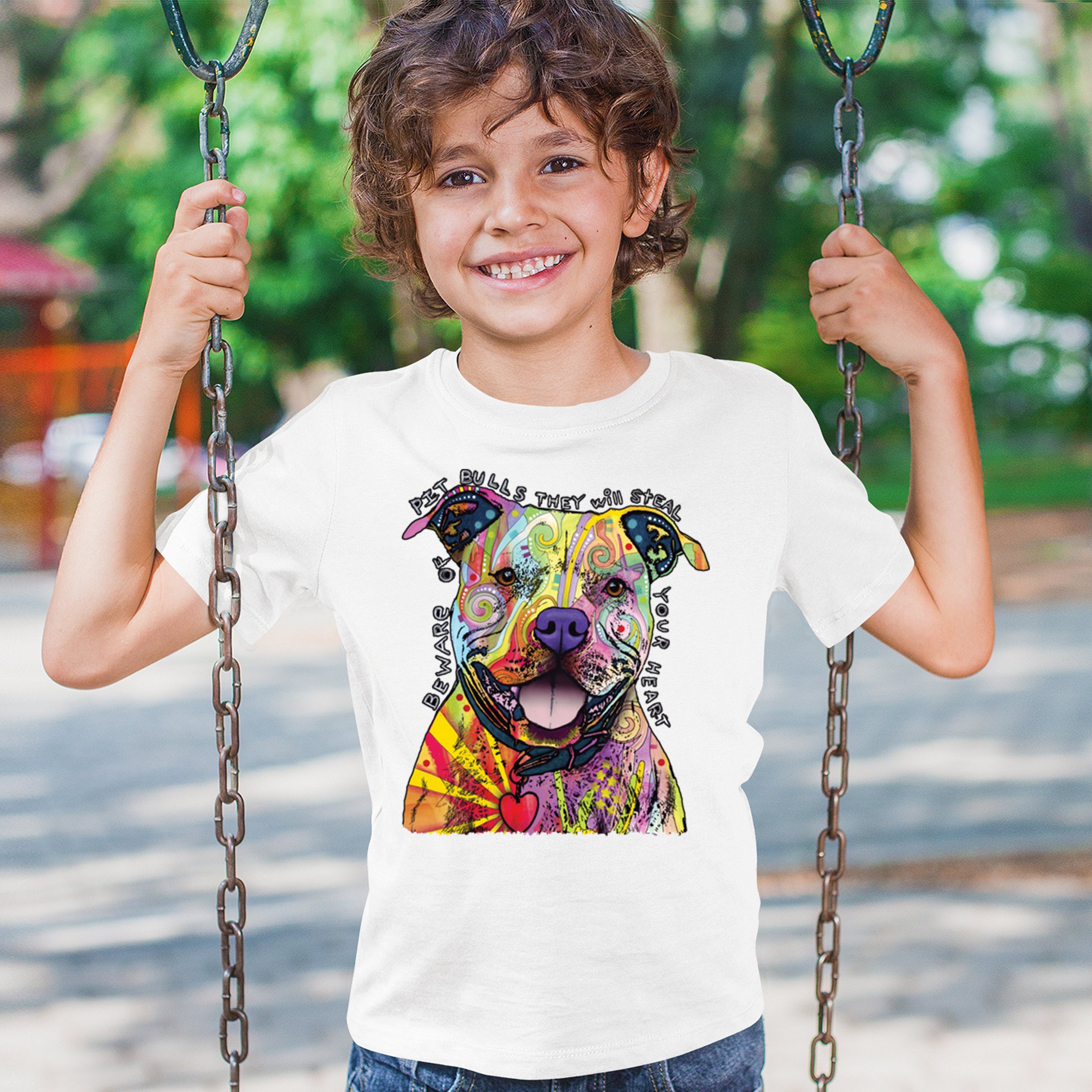 Vorsicht vor Pitbulls Jugend T-Shirt Dean Russo Art bunt süß Hund Kinder - Bild 26 von 50