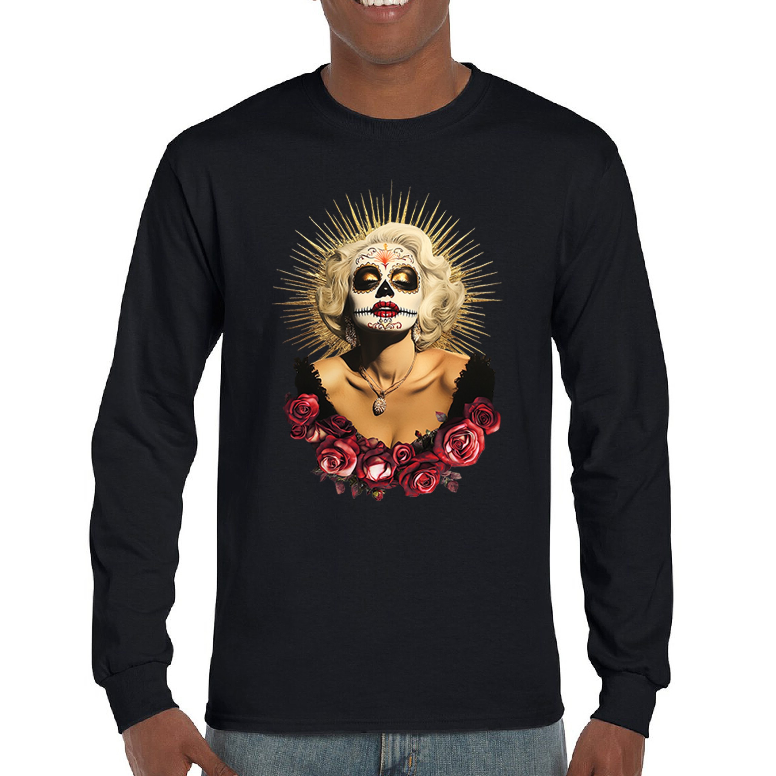 Golden Age Sugar Skull Long Sleeve T-shirt Day of Dead Rose Dia de Los Muertos