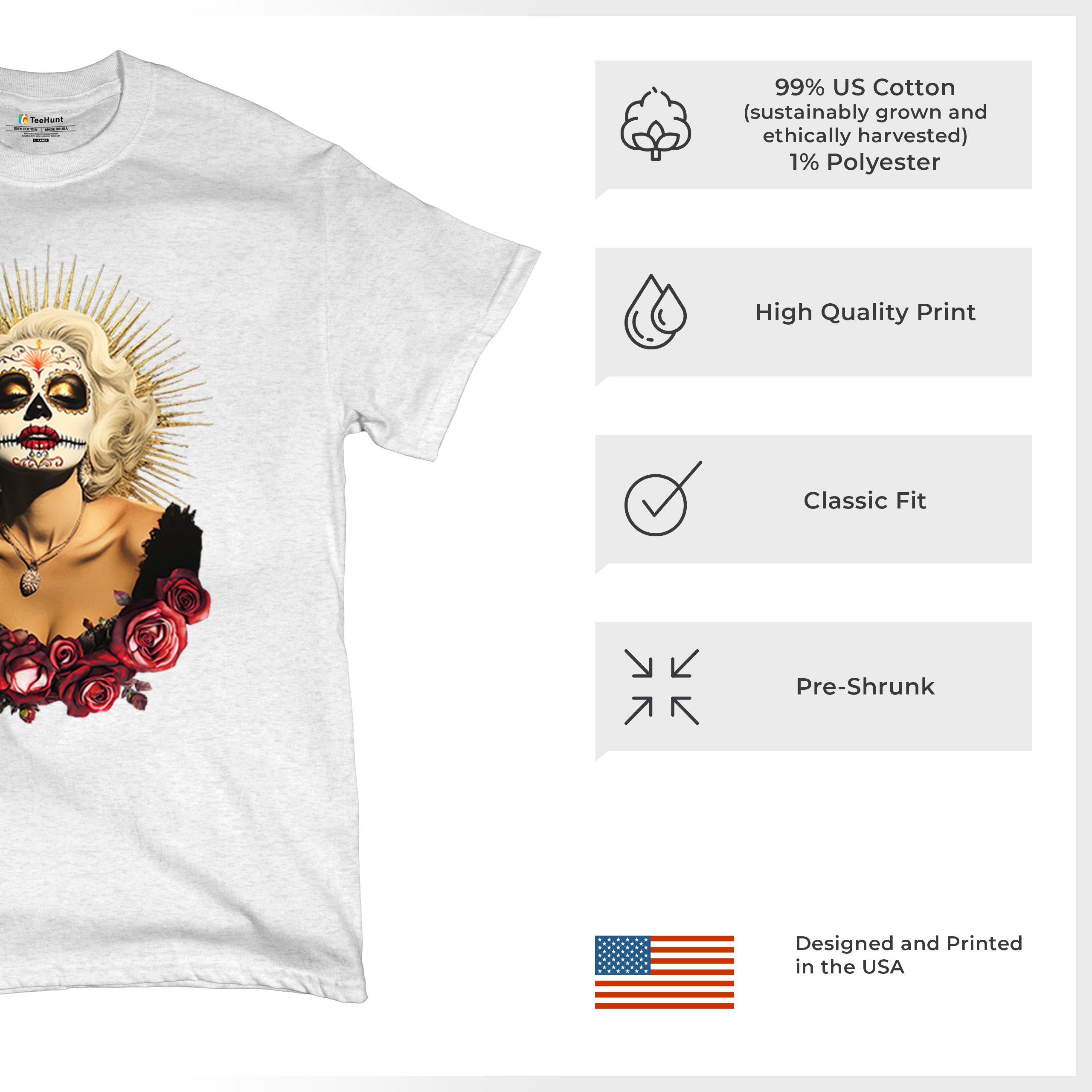 Golden Age Sugar Skull T-shirt Day of Dead Rose Dia de Los Muertos Men's Tee - Picture 70 of 113