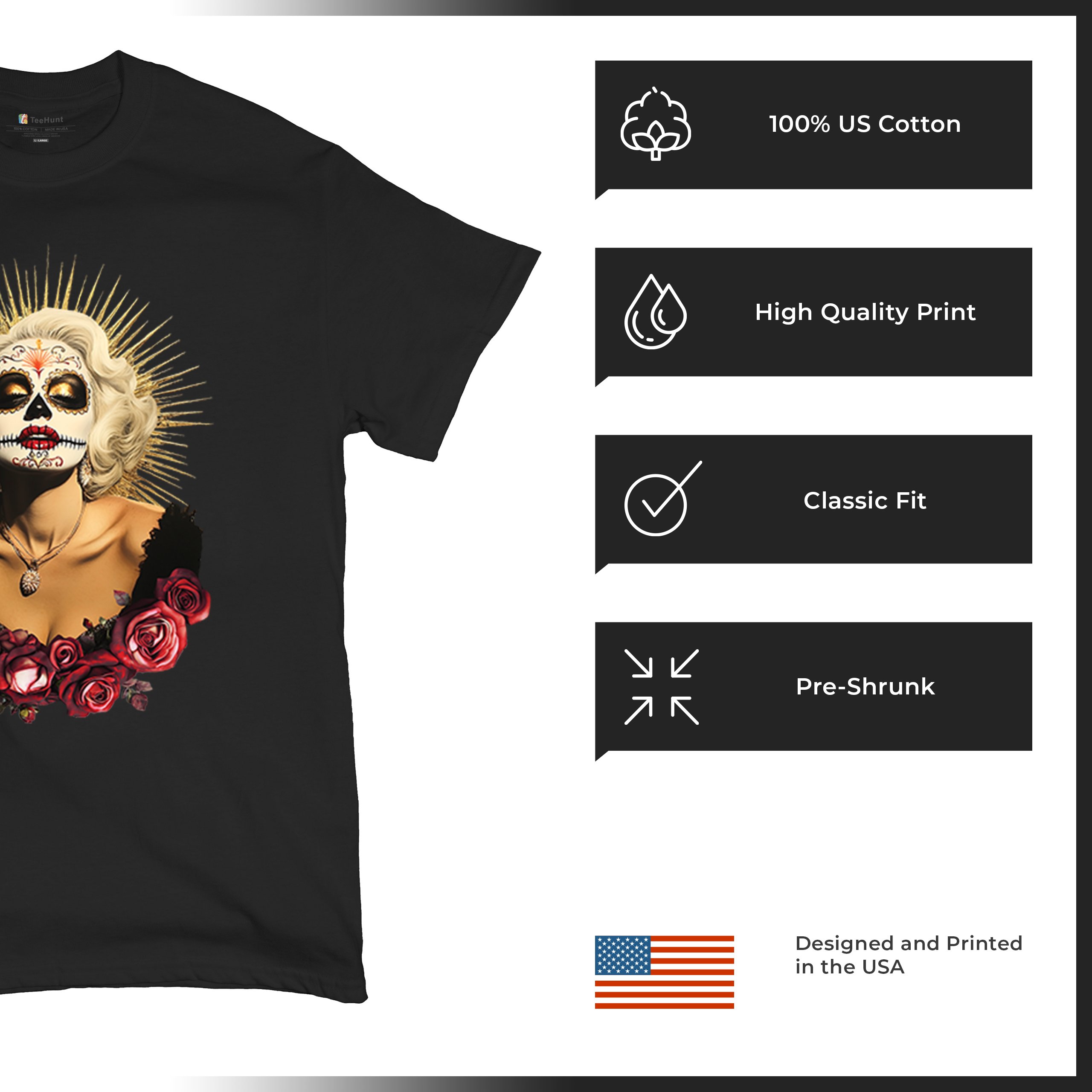 Golden Age Sugar Skull T-shirt Day of Dead Rose Dia de Los Muertos Men's Tee - Picture 7 of 113