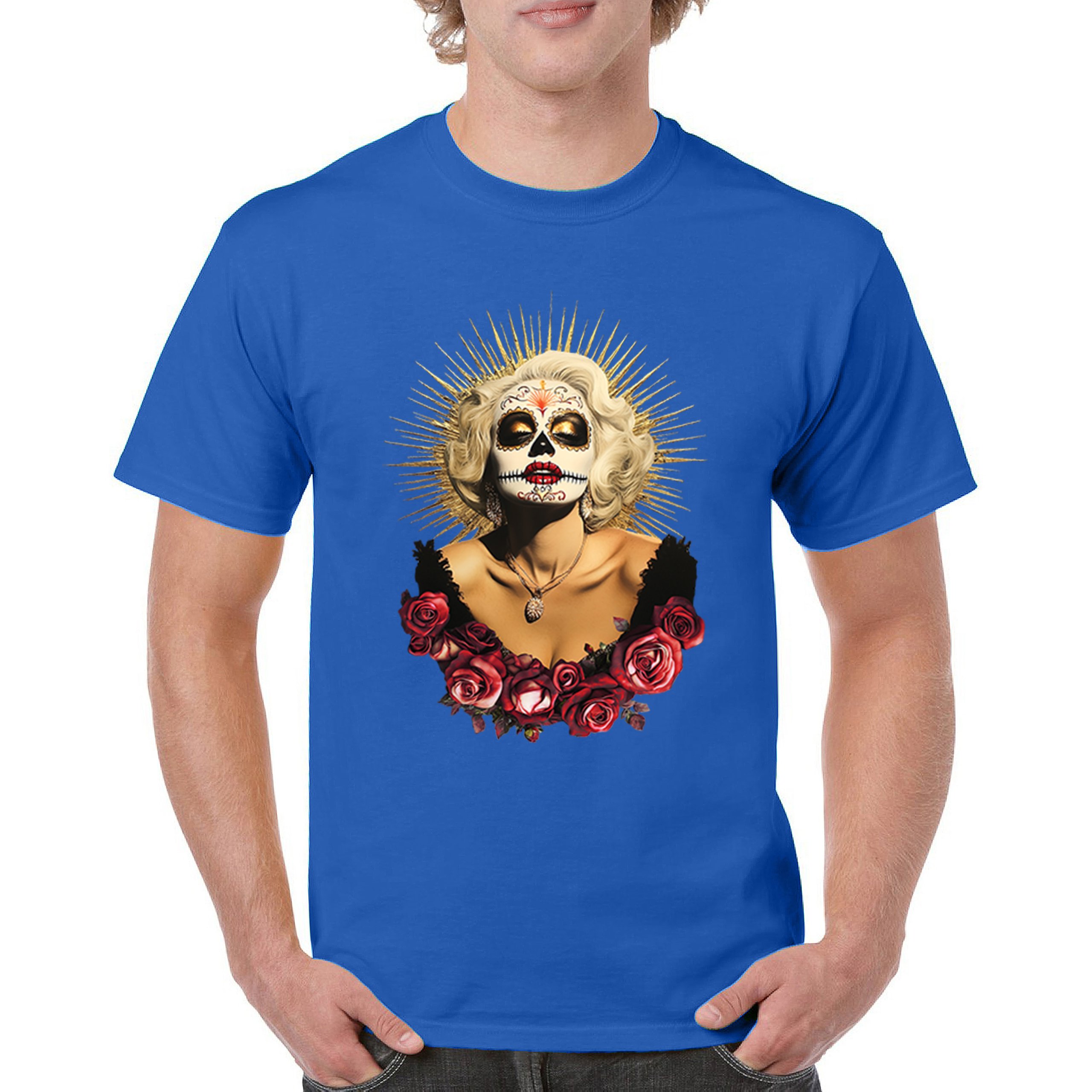 Golden Age Sugar Skull T-shirt Day of Dead Rose Dia de Los Muertos Men's Tee - Picture 100 of 113