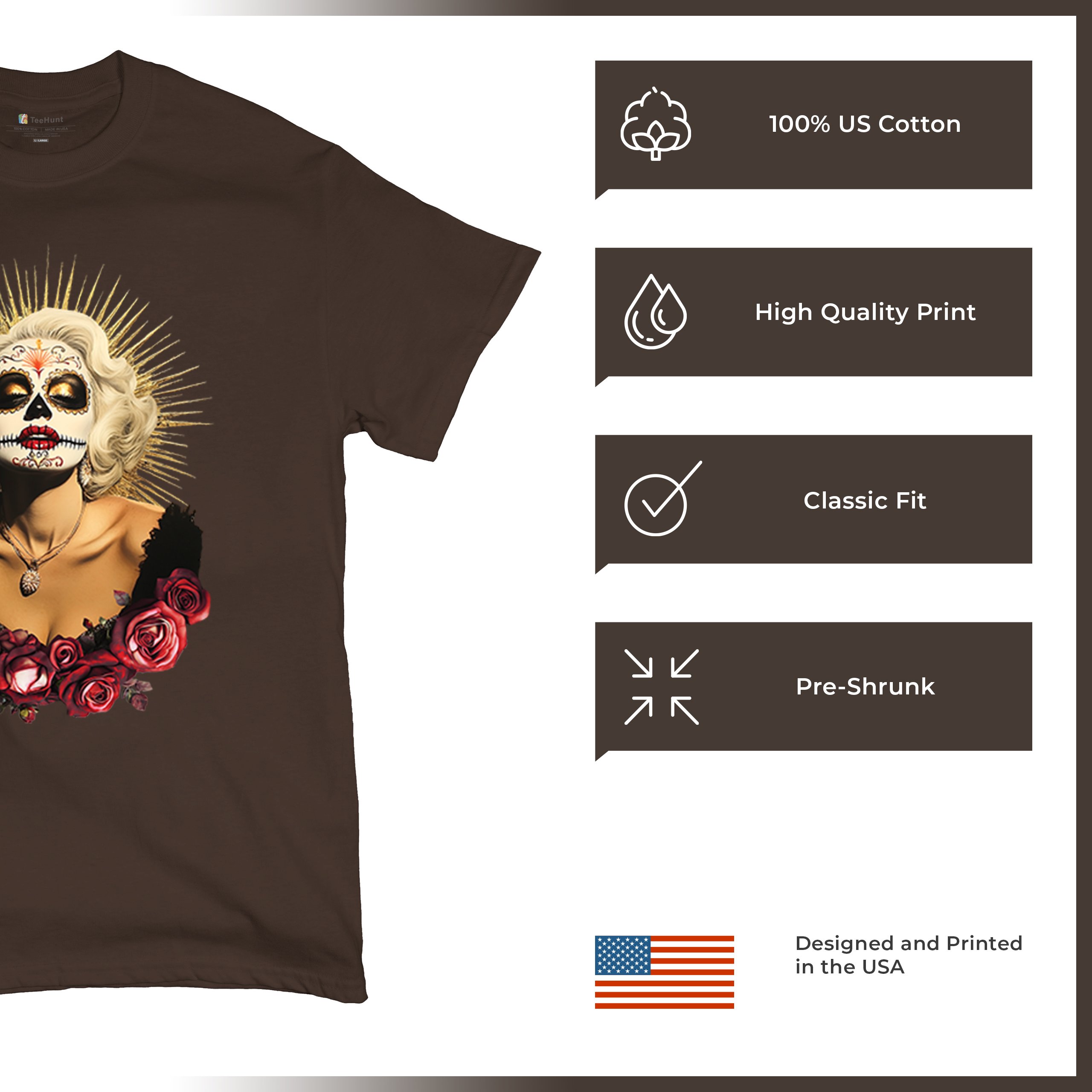 Golden Age Sugar Skull T-shirt Day of Dead Rose Dia de Los Muertos Men's Tee - Picture 77 of 113