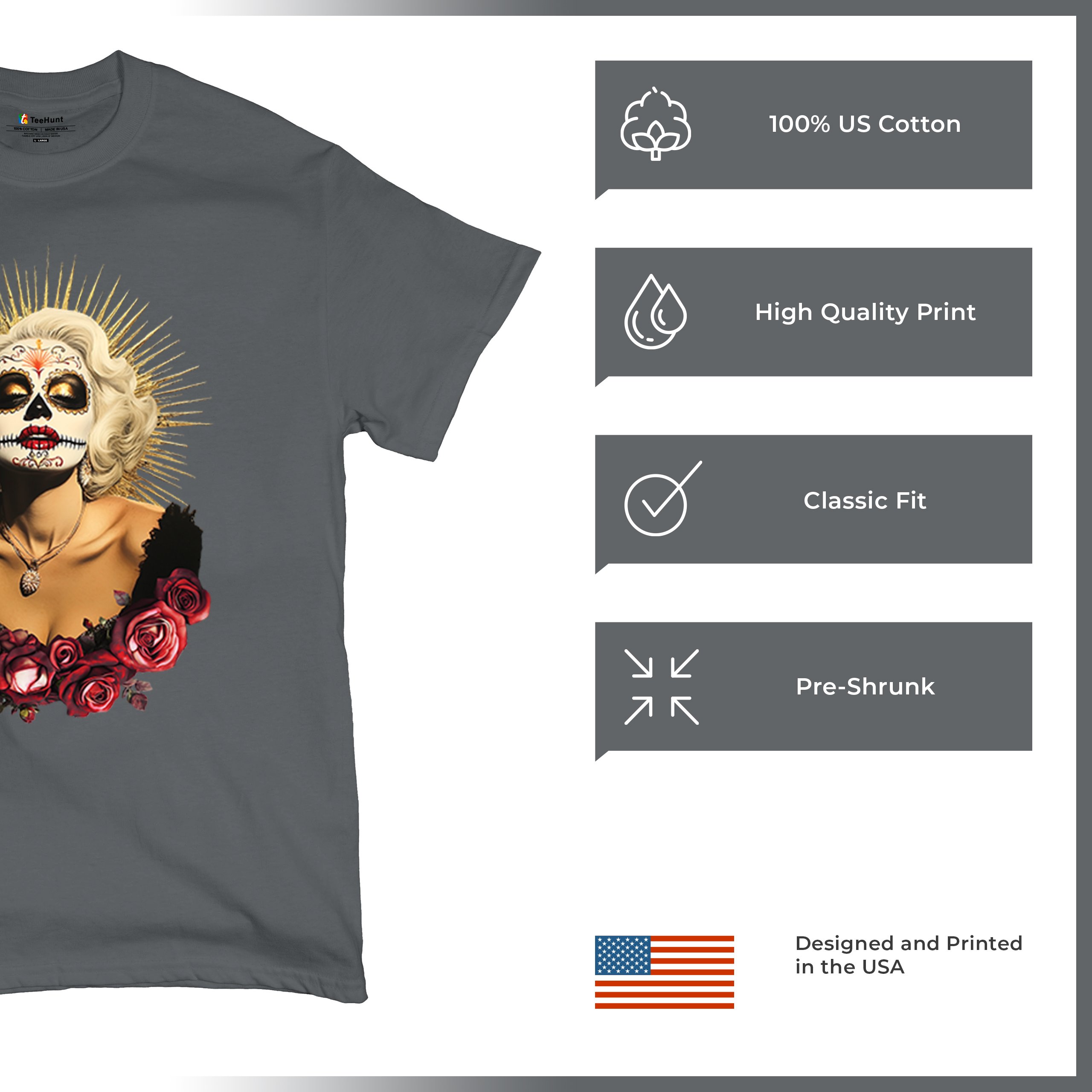 Golden Age Sugar Skull T-shirt Day of Dead Rose Dia de Los Muertos Men's Tee - Picture 84 of 113
